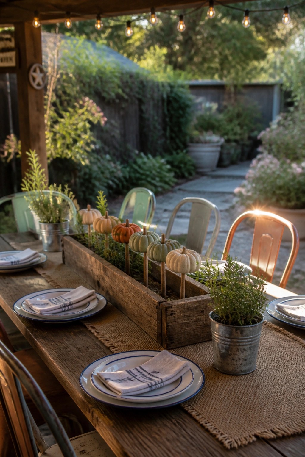 A long wooden box filled with moss holds rows of small pumpkins in white, orange, and green shades mounted on sticks, placed on a burlap runner across an outdoor wooden dining table.