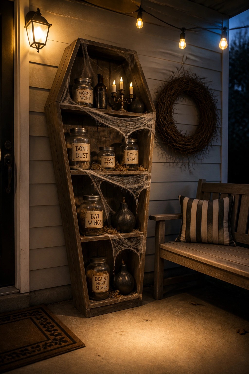 A tall coffin-shaped wooden shelf stands on a porch, holding glass jars with handwritten labels and draped with spiderwebs beside a wooden bench.