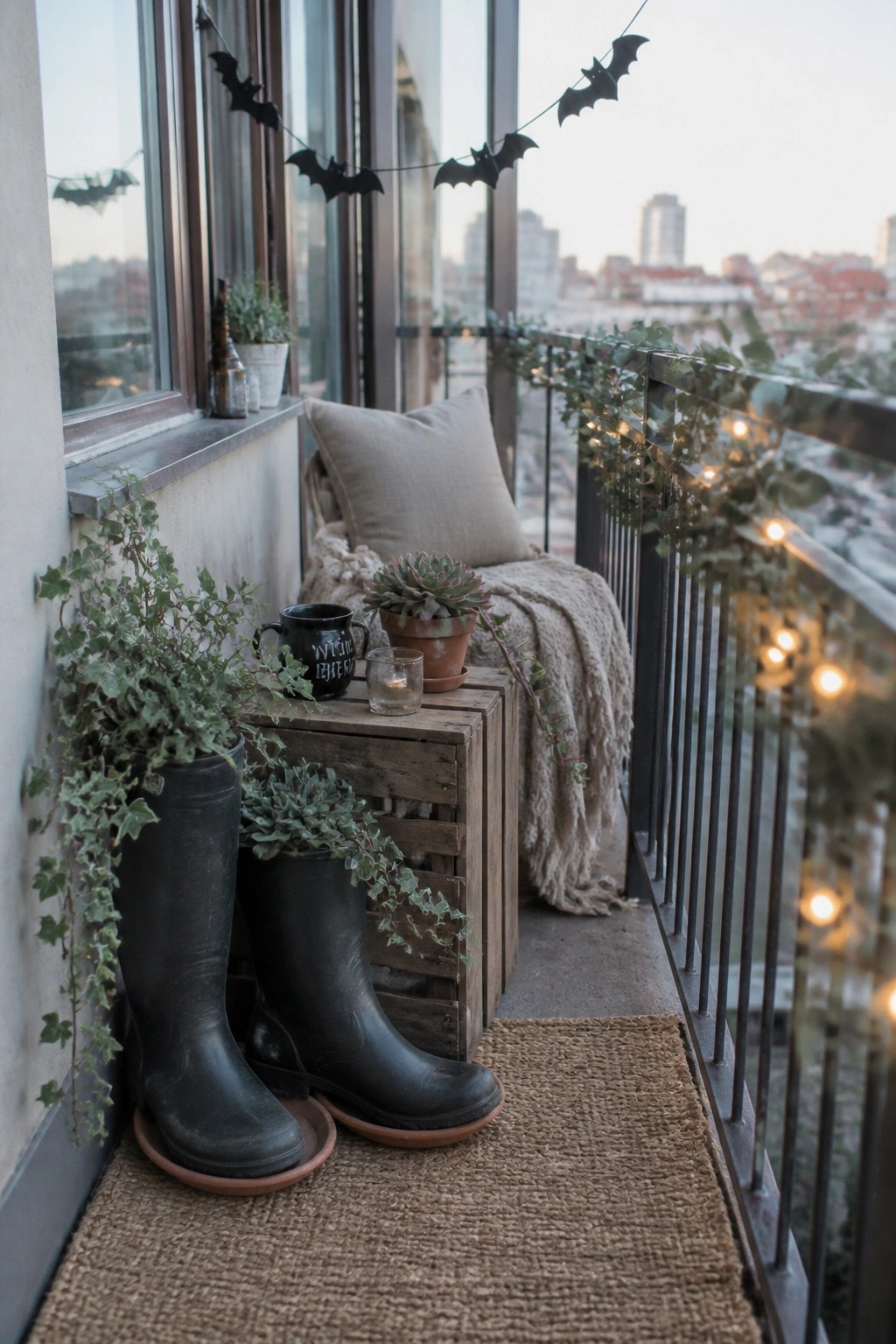 A balcony scene showing two black rain boots used as planters with trailing plants, a wooden crate table, bat garlands, string lights, and a cushion on a blanket.