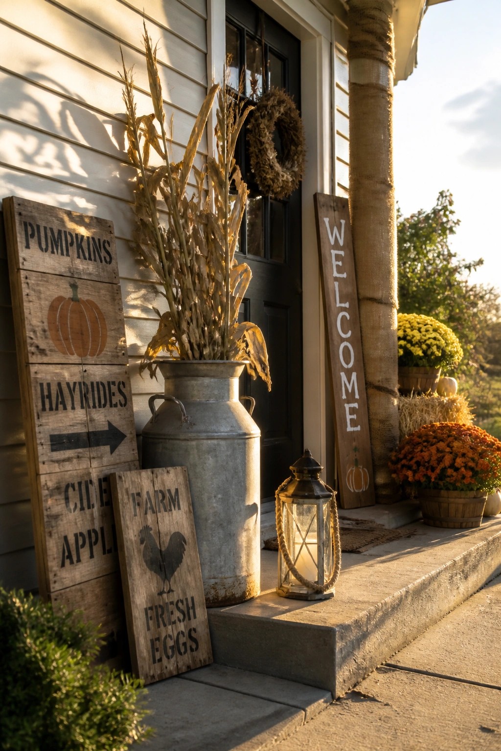 Wooden signs with fall messages lean against a house beside a metal milk can holding dried corn stalks, a lit lantern, and pots of orange and yellow mums on the porch.