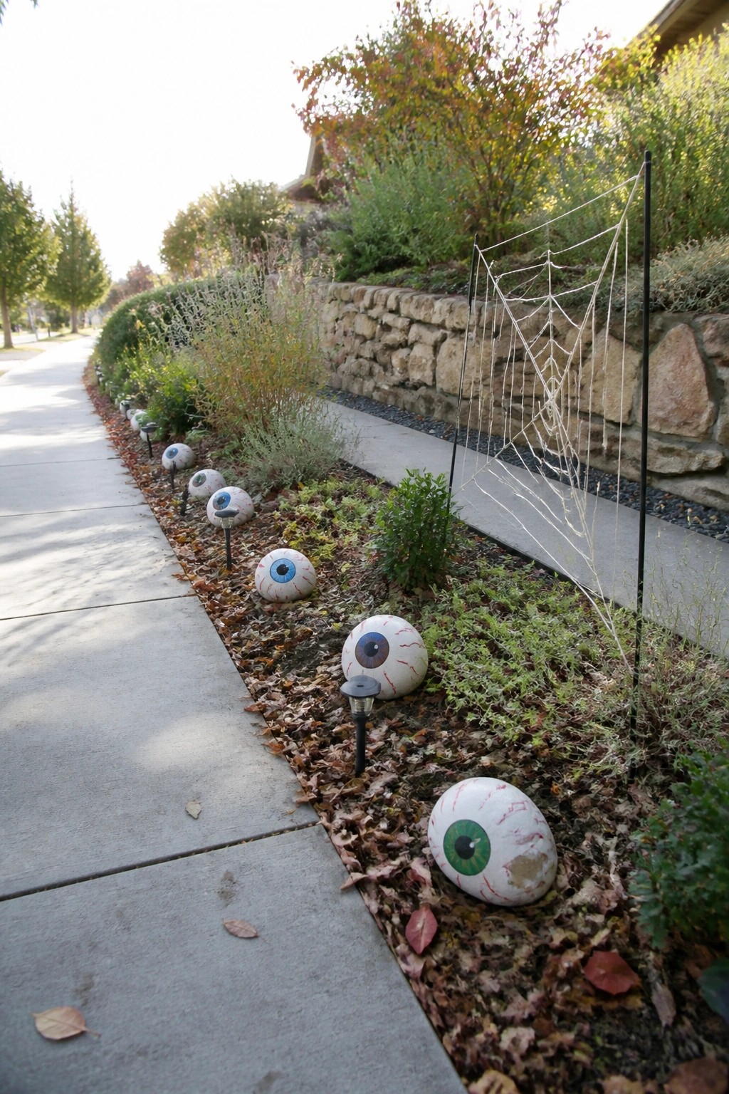 Several large plastic eyeball decorations of different sizes and colors sit scattered in a leaf-covered garden bed beside a concrete path, with a white spiderweb on stakes near a stone wall.