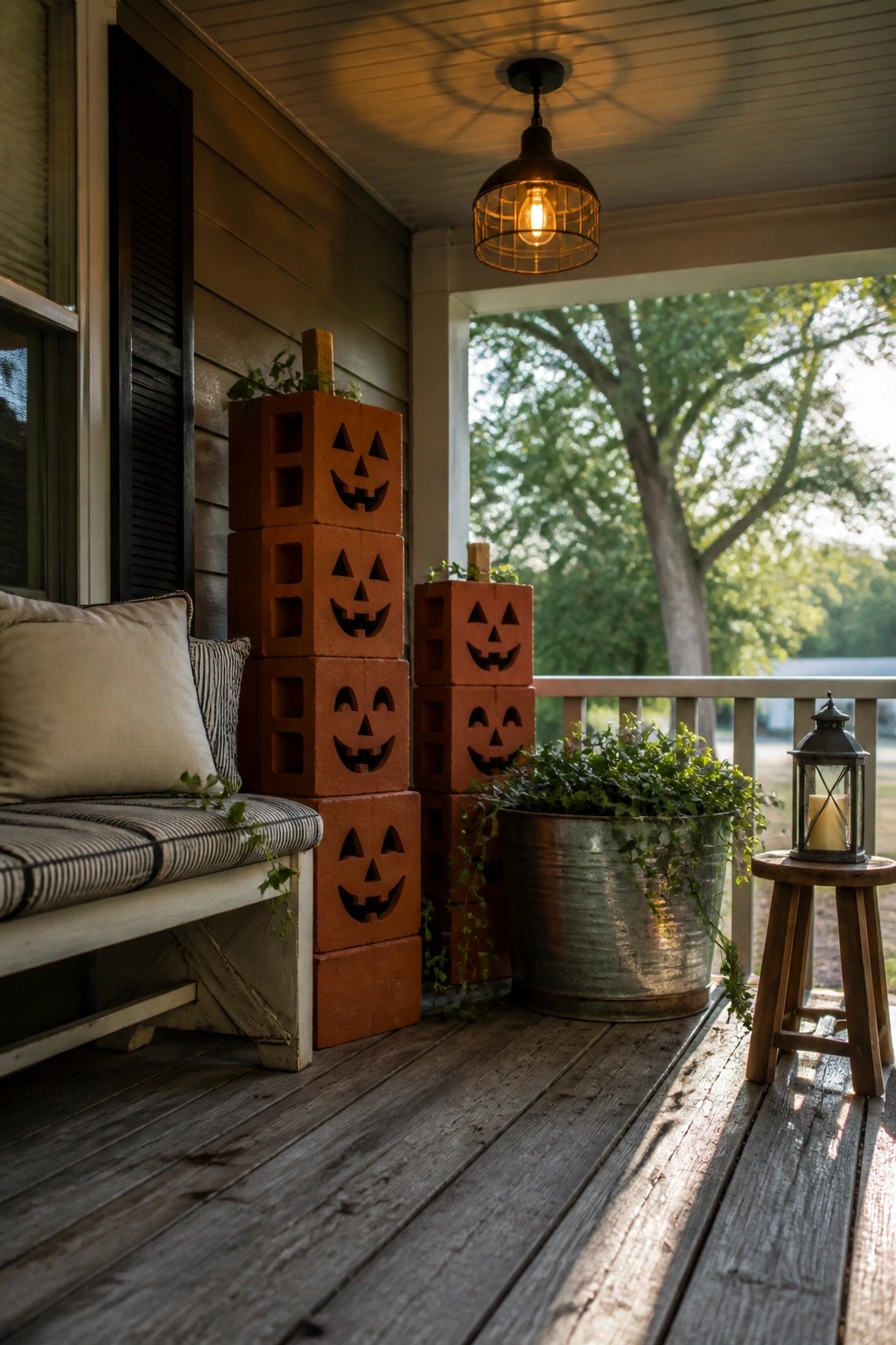 A wooden porch features stacked orange cinder blocks carved with jack-o'-lantern faces beside a cushioned bench and a metal plant container.