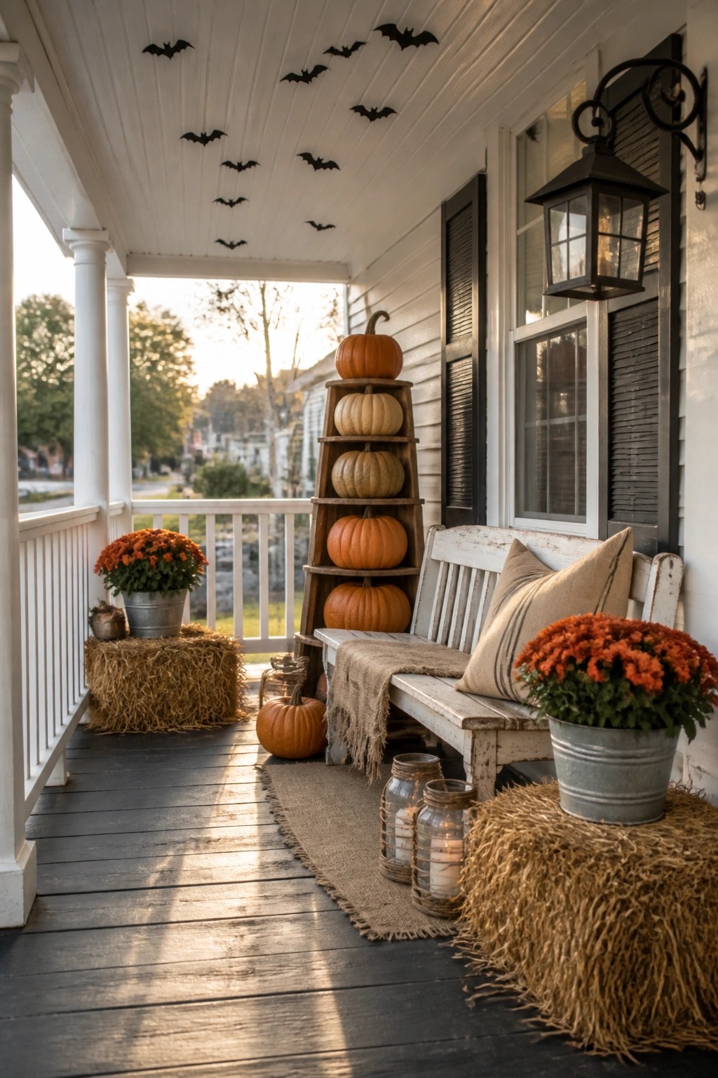 A front porch decorated for Halloween with orange and white pumpkins stacked on a wooden ladder, hay bales holding potted mums, a white bench, glass jar lanterns, and black paper bats on the ceiling.