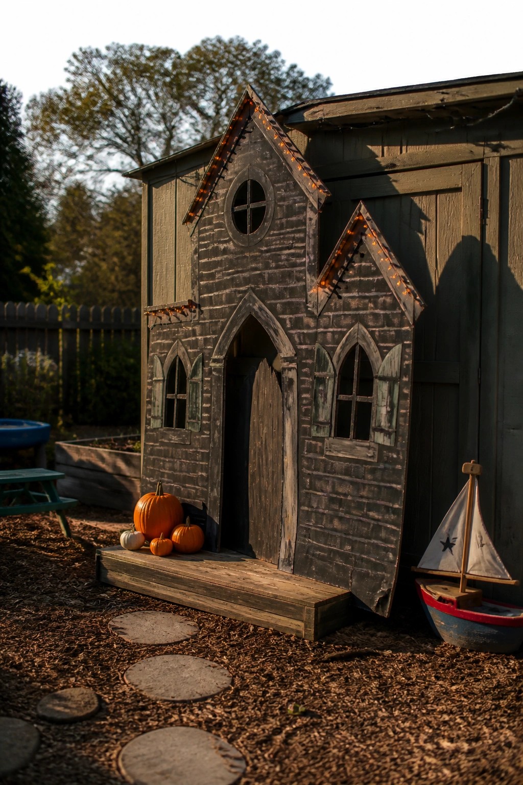 A small wooden playhouse painted dark gray with string lights outlining the roof and gables, pumpkins placed near the door, and a toy boat on the ground nearby.