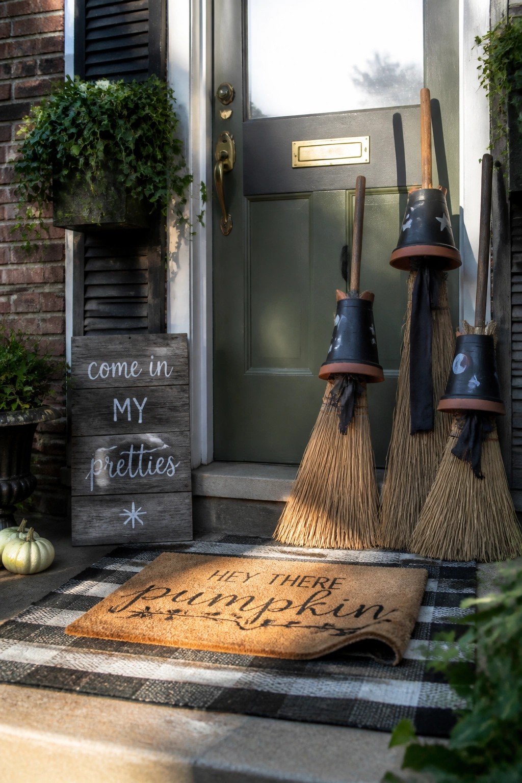 Three brooms stand on a doormat in front of a green door, each topped with a black painted clay pot and tied with dark fabric.