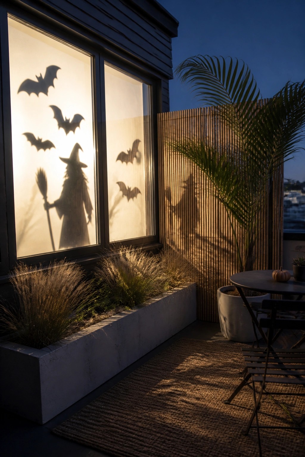 Bat and witch silhouettes on lit window casting shadows over balcony plants at dusk.