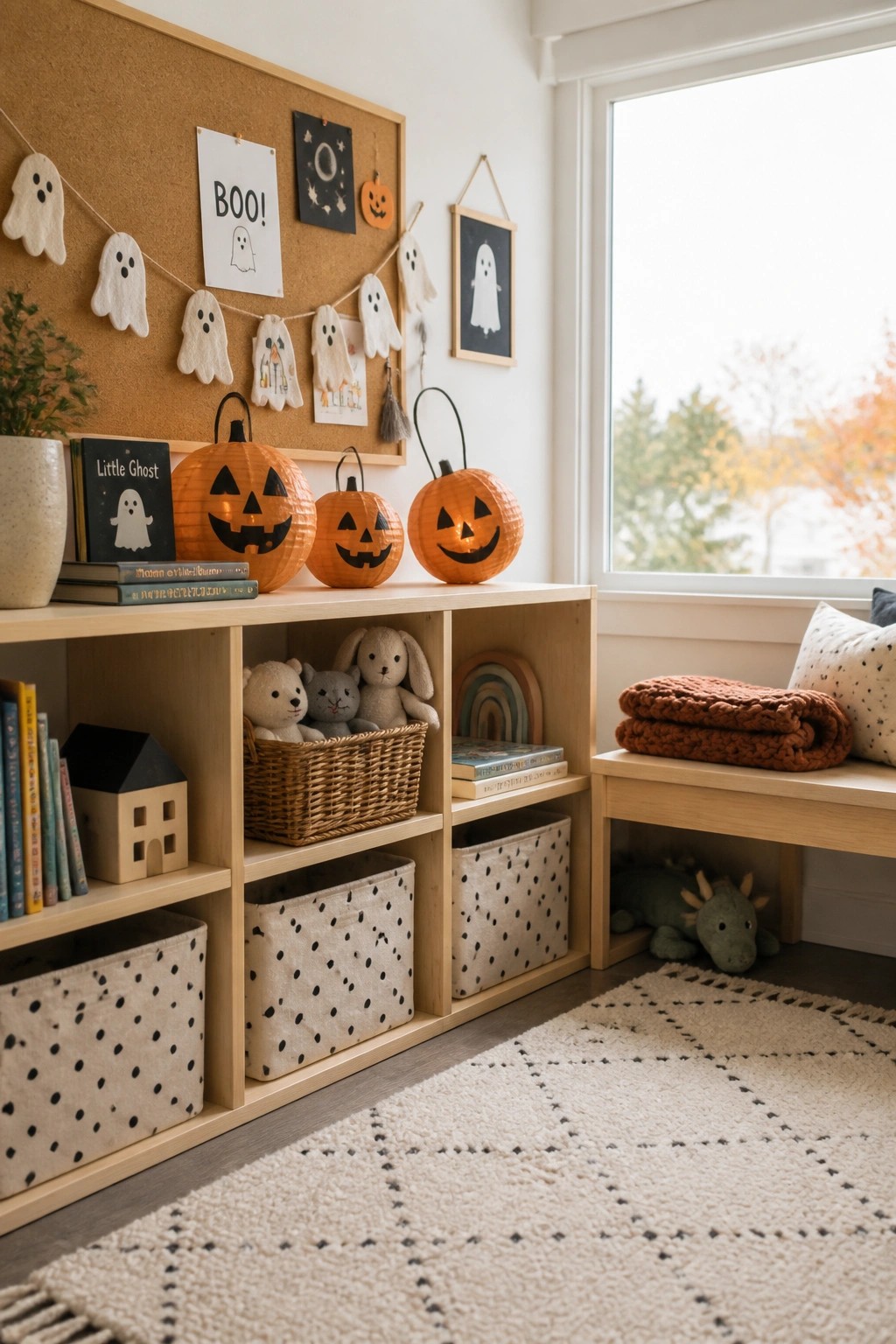A corkboard above a wooden storage unit displays felt ghosts, paper signs, and small pumpkin lanterns in a children's room.