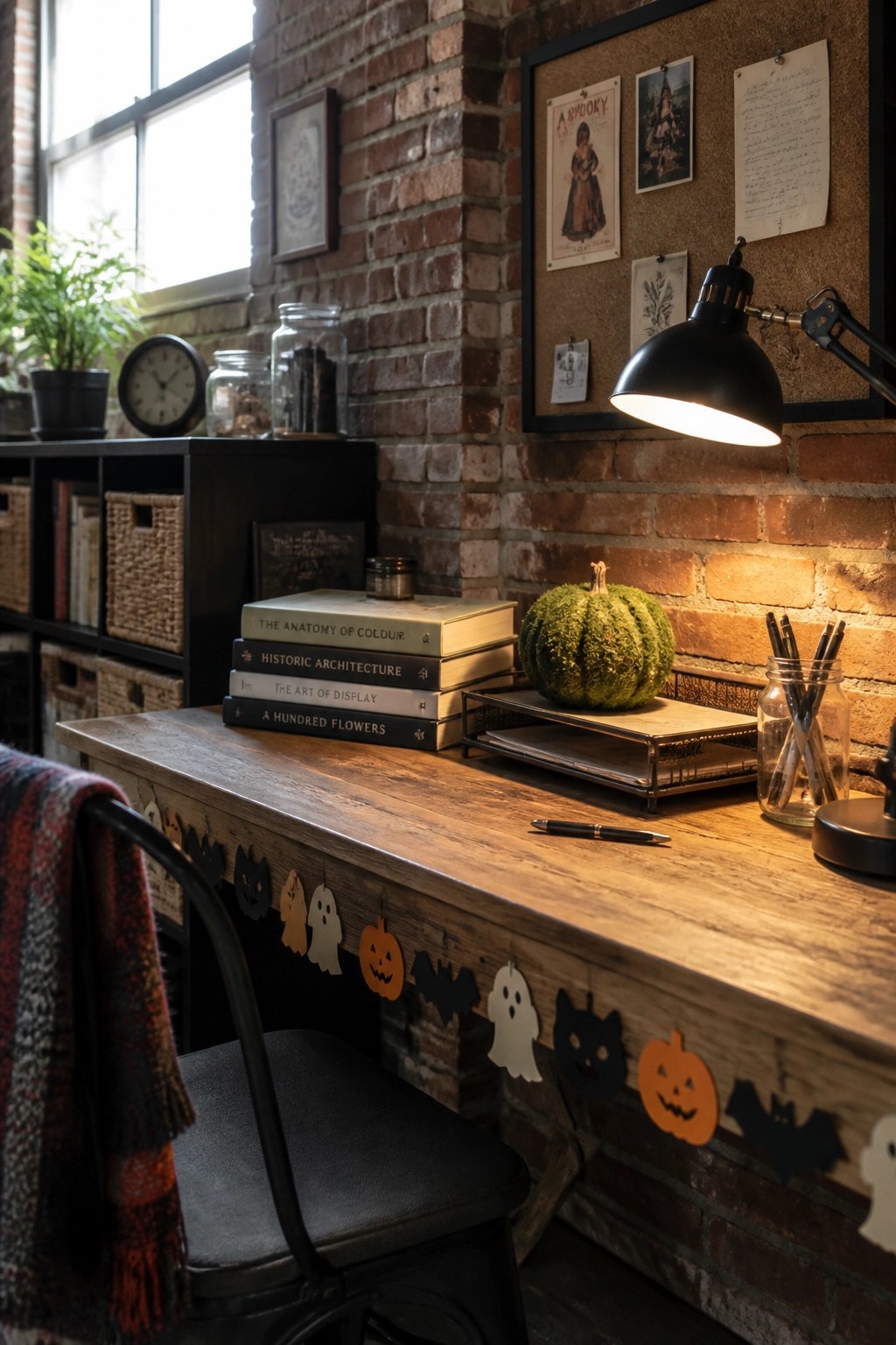 A wooden desk with a Halloween garland of paper cutouts hanging from the front edge, books stacked nearby, and a moss pumpkin on a tray.