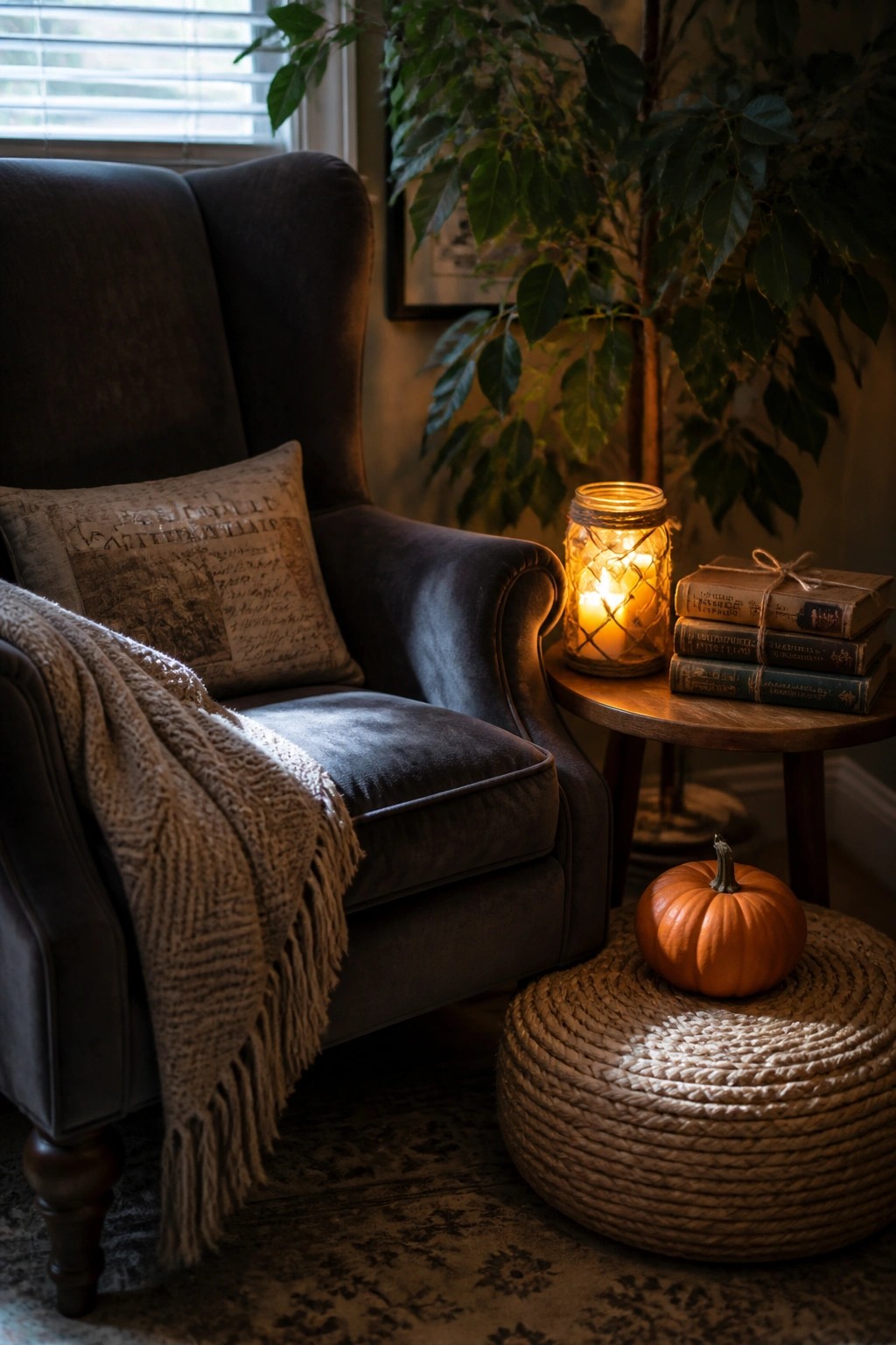 A dark upholstered armchair with a patterned pillow and knit throw beside a wooden side table holding a lit glass lantern and stacked books, with a small orange pumpkin resting on a round woven ottoman.