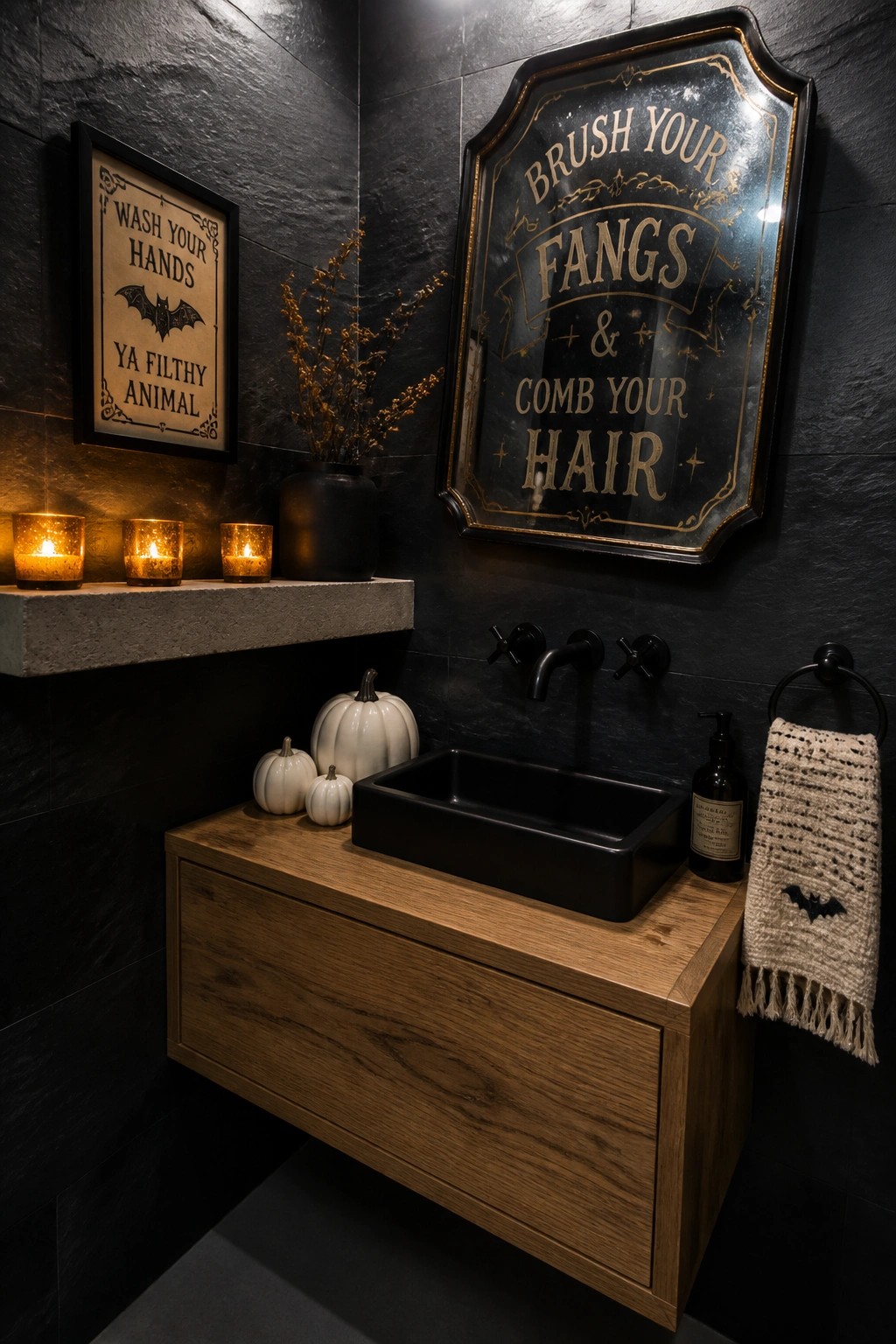 A dark bathroom with two framed Halloween signs on the wall, a black vessel sink on a wooden vanity, small white pumpkins, and lit candles on a stone shelf.