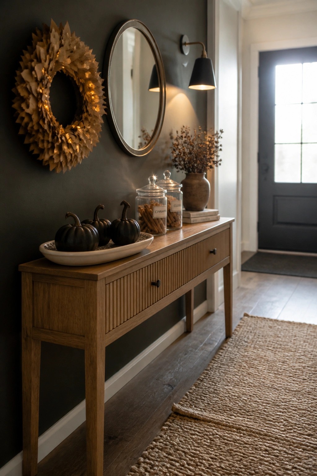 A wooden console table against a dark wall displays black pumpkins in a tray along with glass jars and dried stems, with a lit wreath and round mirror mounted above.