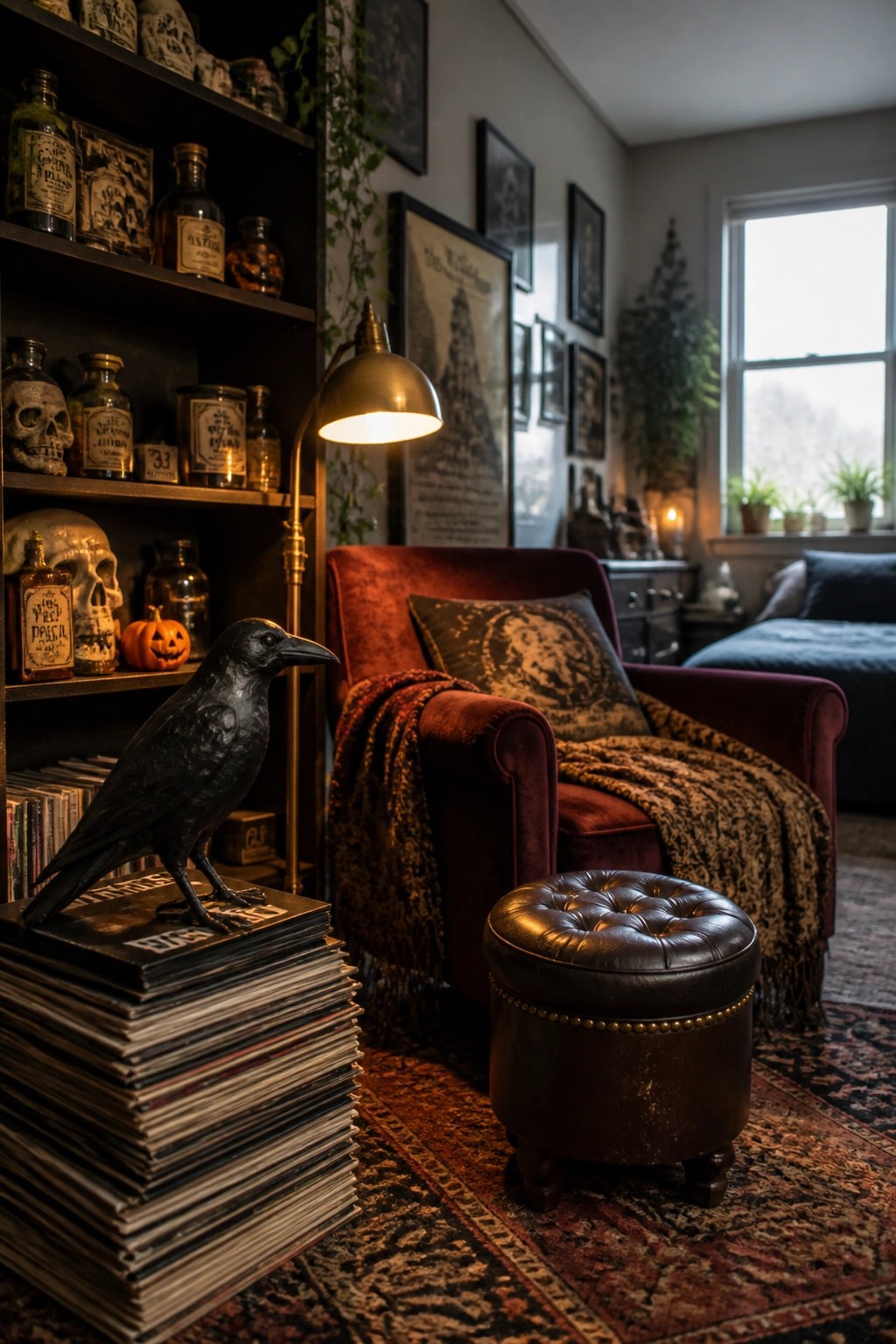 A dimly lit interior shows a red velvet armchair next to dark shelves holding glass bottles, skulls, and a black bird statue on a stack of records.