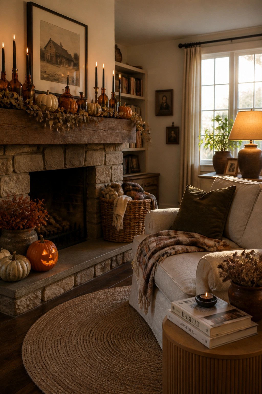 Cozy autumn living room with stone fireplace, pumpkins, candles, white sofa, and round rug.