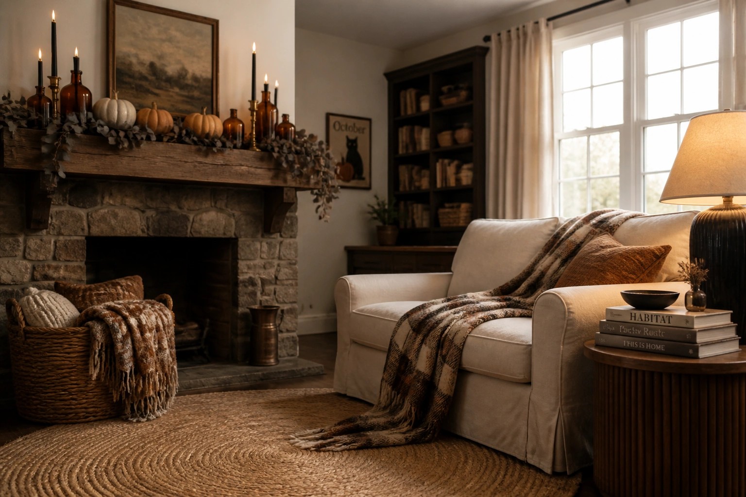 Cozy autumn living room with stone fireplace, pumpkins, candles, white sofa, and round rug.