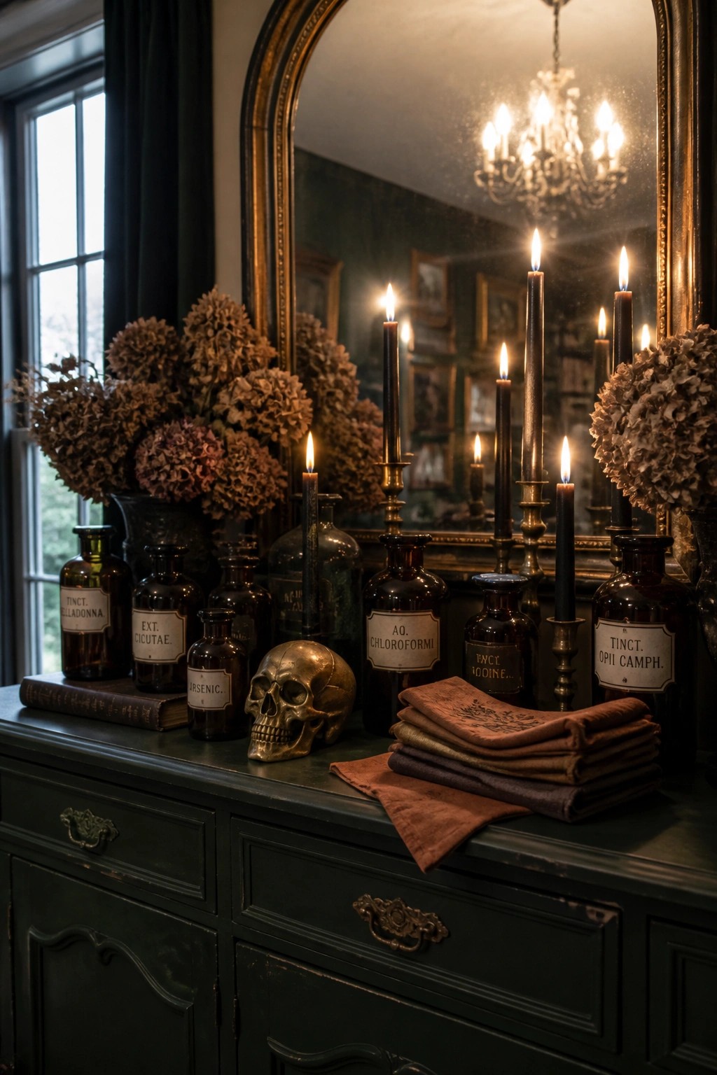 A dark green dresser holds several brown glass apothecary bottles with labels, lit black taper candles in brass holders, a metallic skull, dried hydrangeas, and folded fabric beside a large arched mirror.