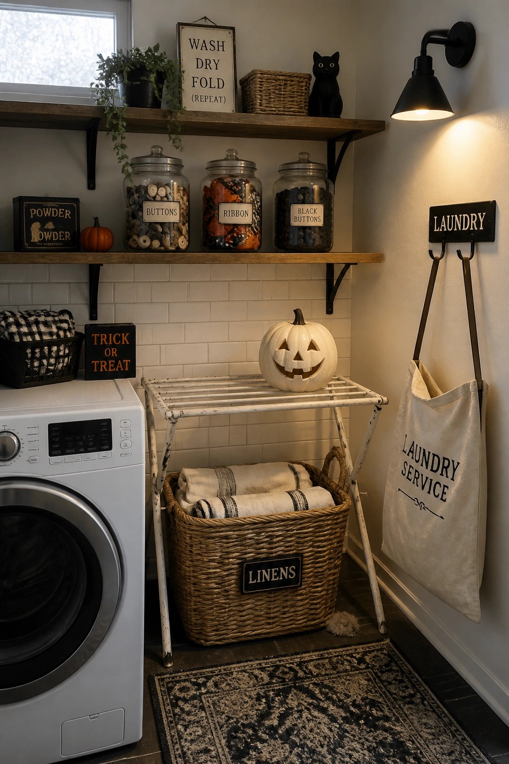 Farmhouse laundry room with Halloween pumpkin on drying rack and labeled jars