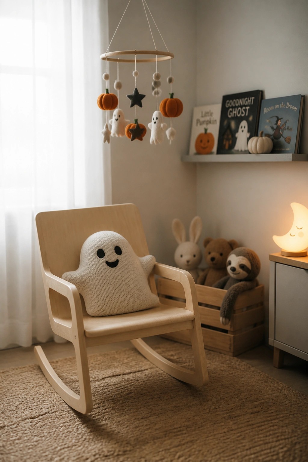 A light wood rocking chair with a white knitted ghost pillow sits under a felt mobile featuring small pumpkins, stars, and ghost shapes, with Halloween books on a nearby shelf.