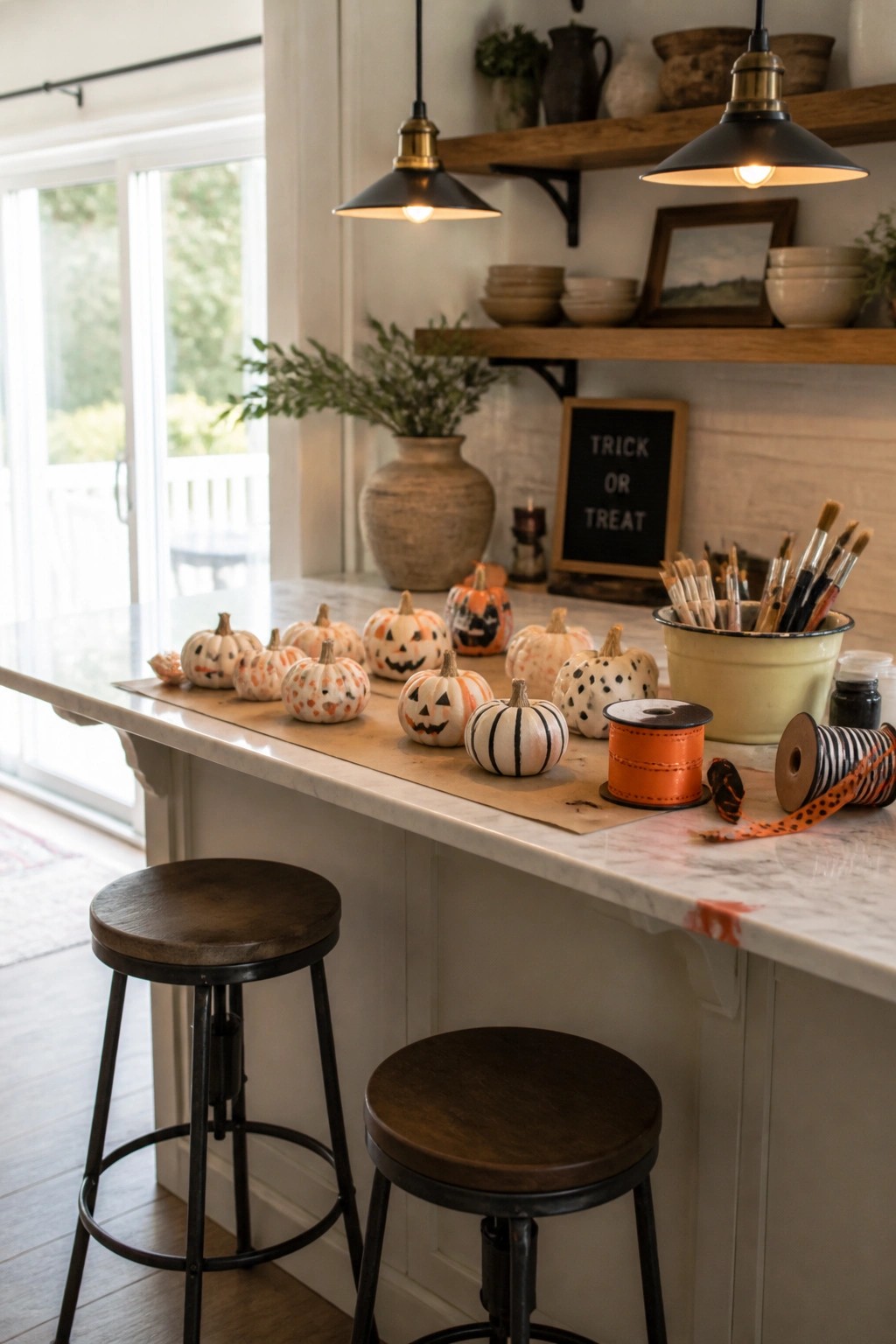 A marble kitchen island counter displays a row of small hand-painted pumpkins in white, orange, and black patterns, with a bucket of paintbrushes, ribbon spools, and a 