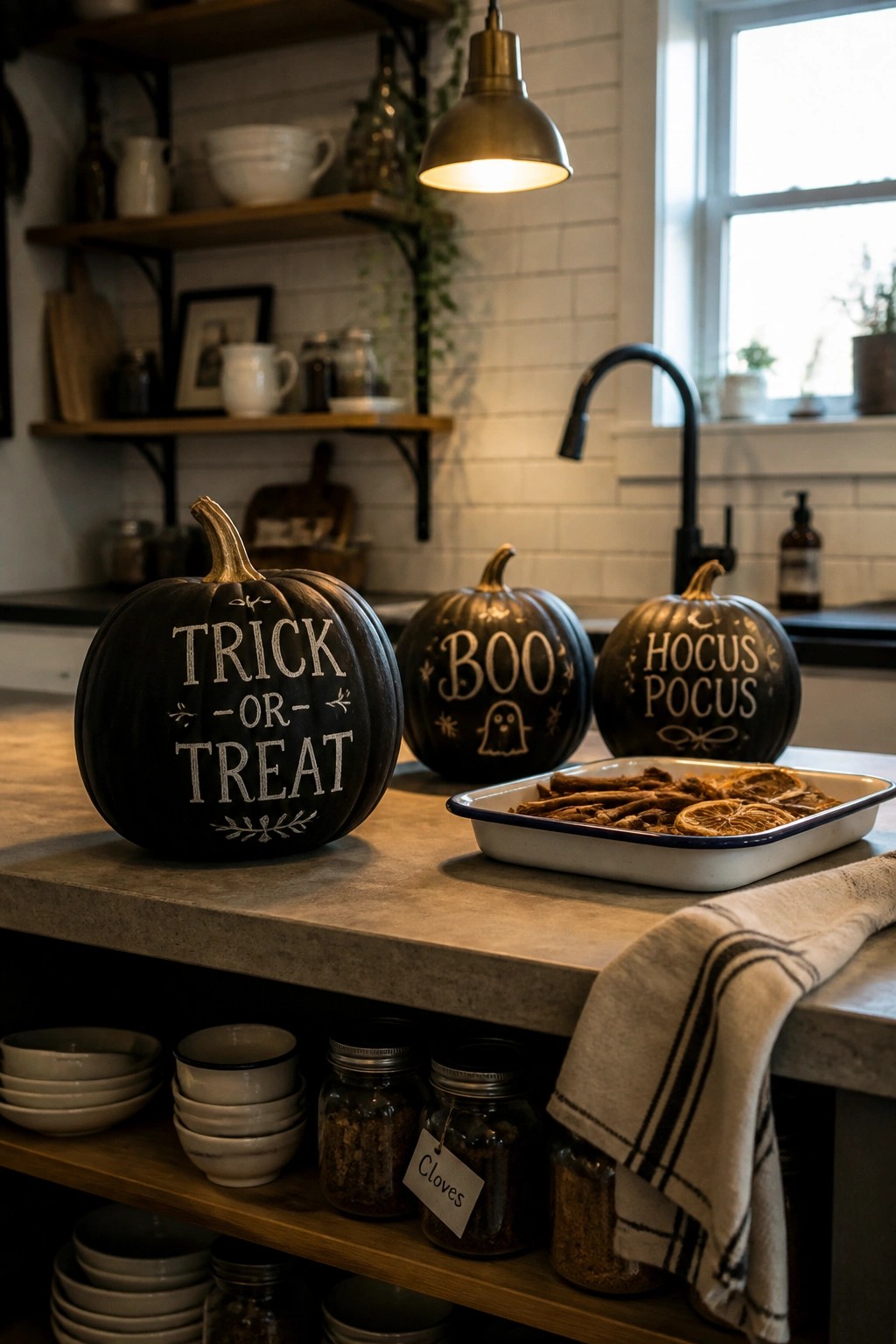 Three black pumpkins with white lettering sit on a kitchen counter next to a white baking dish.