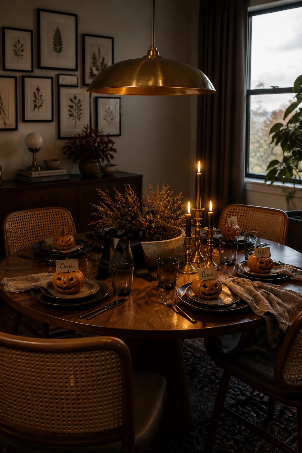 A round wooden dining table set for dinner with carved mini pumpkins at each place, lit black candles in brass holders, dark plates, and a large bowl of dried plants in the center.