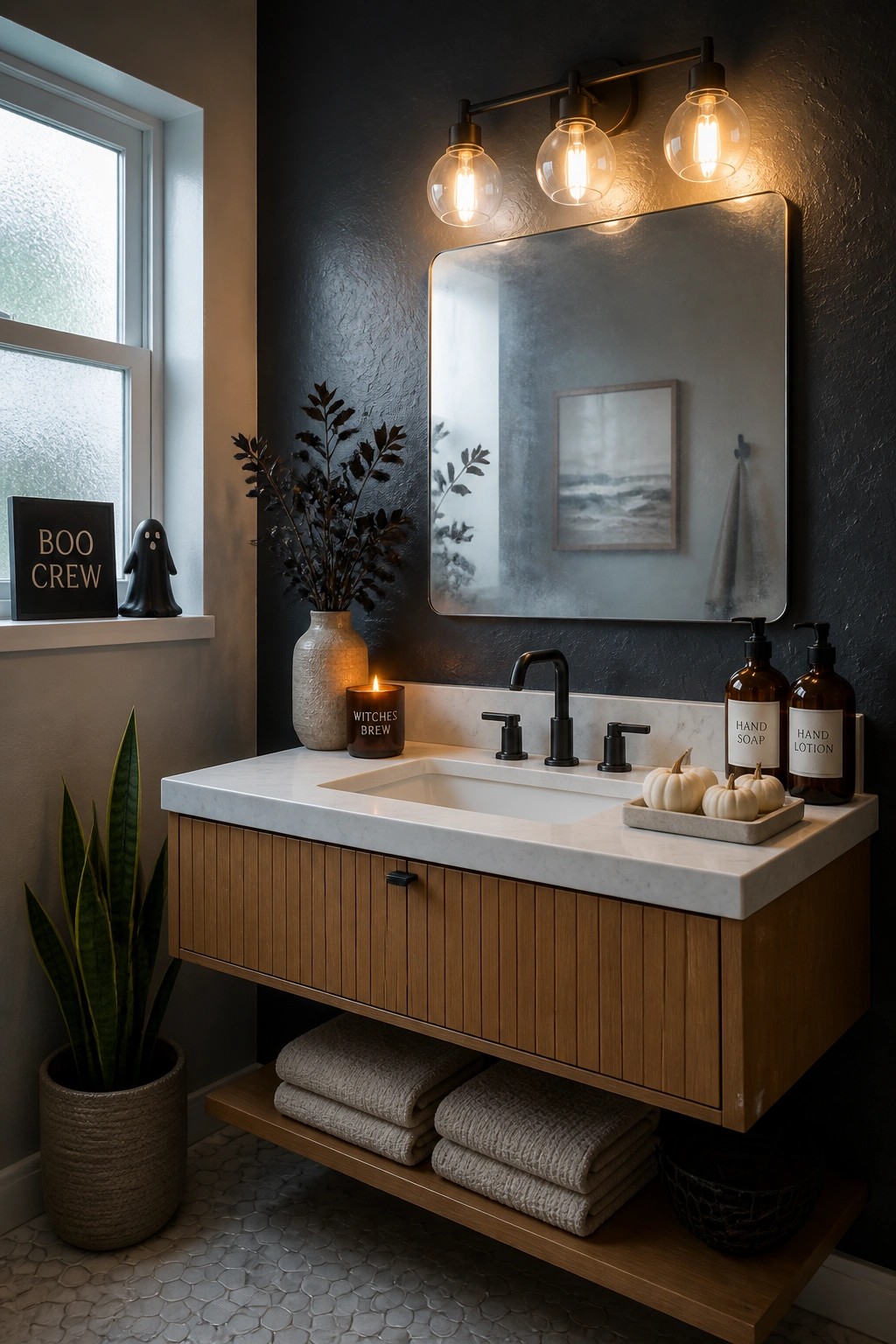 Modern bathroom vanity with wood cabinet, marble top, pumpkins, witch candle, and ghost decor.