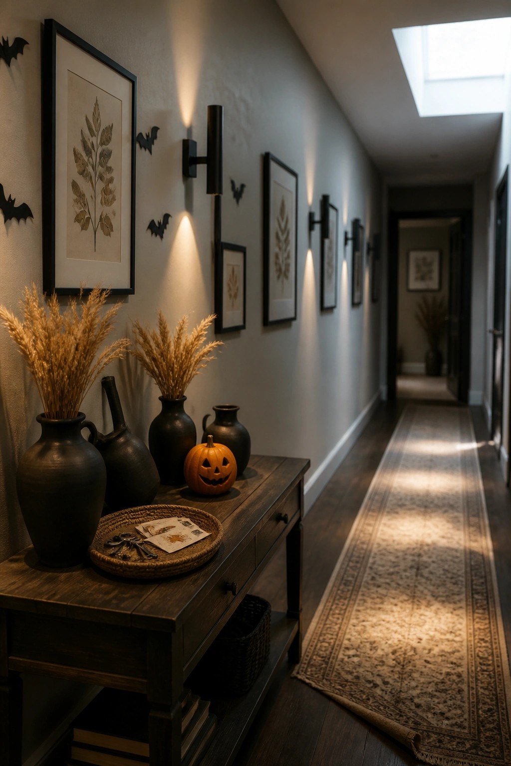 A narrow hallway features a dark wood console table with black vases holding dried grasses and a small carved pumpkin, along with framed botanical prints and bat wall decorations.