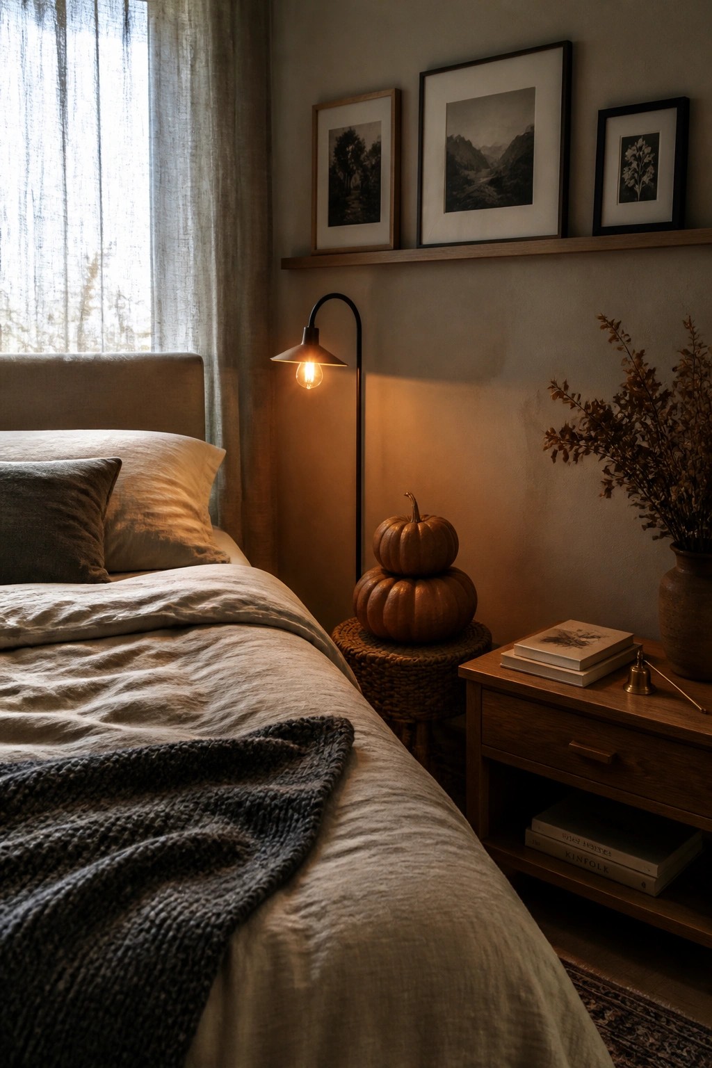 A bedroom scene with a bed covered in neutral linens, two stacked pumpkins on a woven stool, a black floor lamp, framed art on a shelf, and a wooden nightstand holding books and a vase of dried branches.