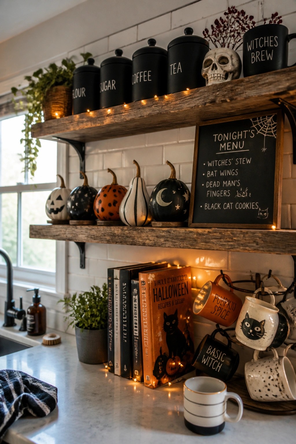 Wooden kitchen shelves holding black labeled canisters, painted pumpkins, a skull, a chalkboard Halloween menu, and assorted mugs.