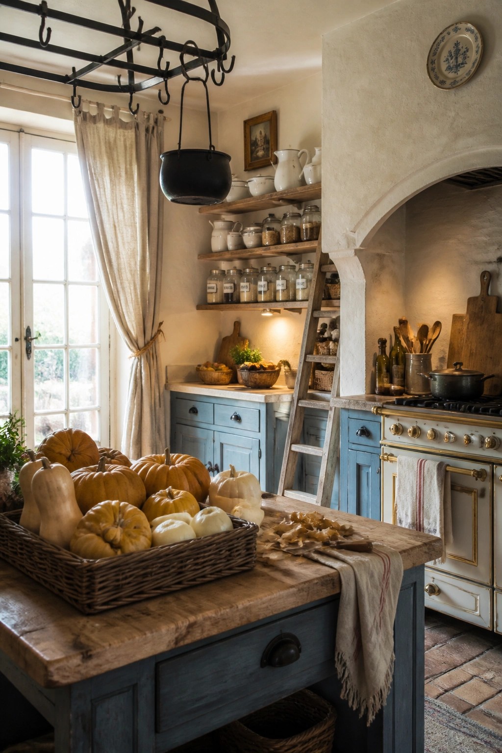 A rustic kitchen with a wooden island holding a wicker basket of pumpkins and gourds, blue cabinets, open shelves with labeled jars, and a vintage stove.
