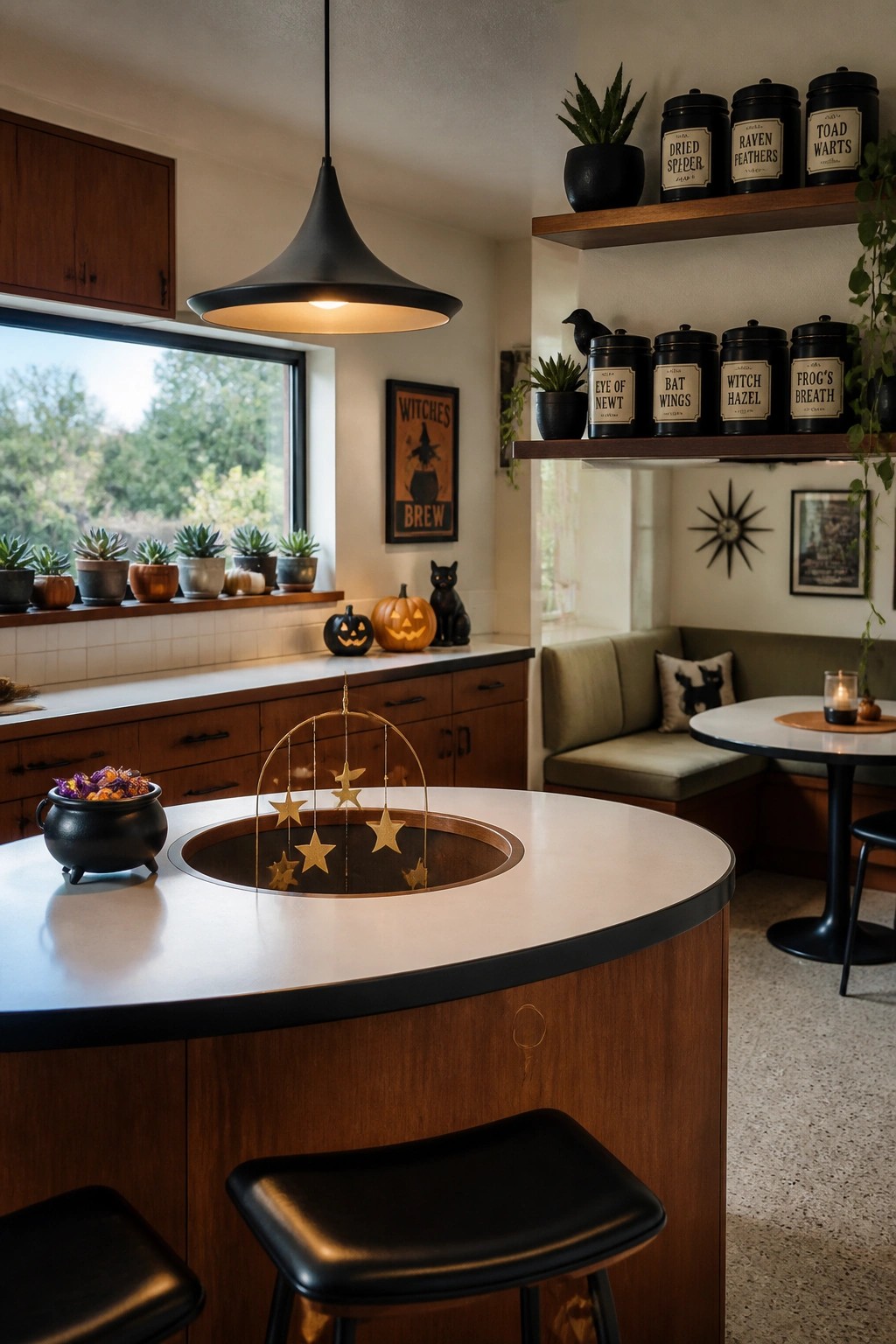 A kitchen interior with wooden cabinets, a white island, a hanging star mobile, and open shelves holding black canisters with Halloween-themed labels.