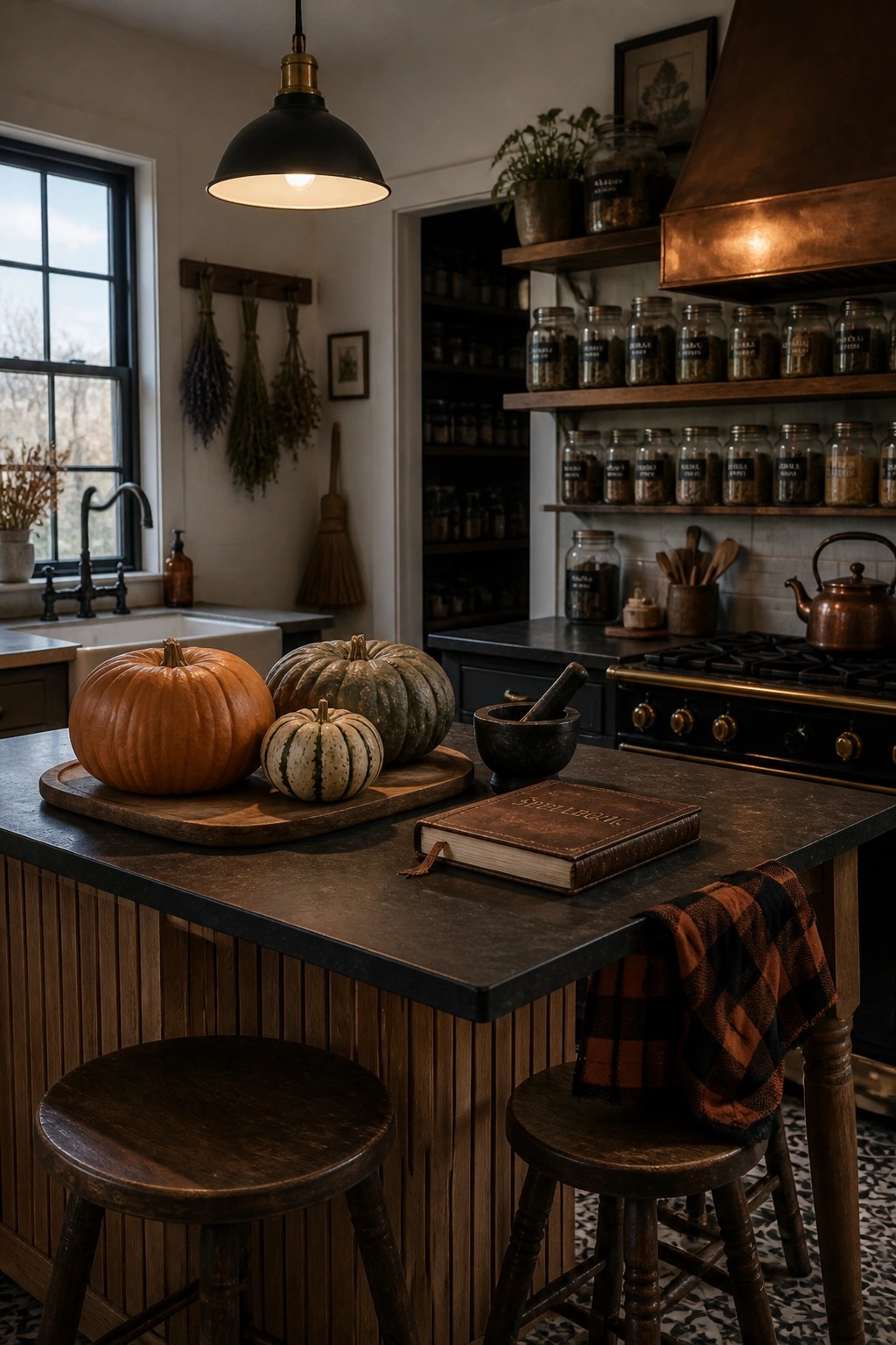 A kitchen island topped with several pumpkins, an old leather book, a mortar and pestle, and a plaid towel, with shelves of labeled spice jars in the background.
