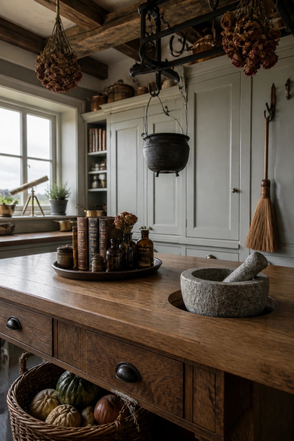 A rustic kitchen island topped with a tray of vintage books and amber glass bottles, a stone mortar and pestle set into the counter, and dried flowers hanging overhead.