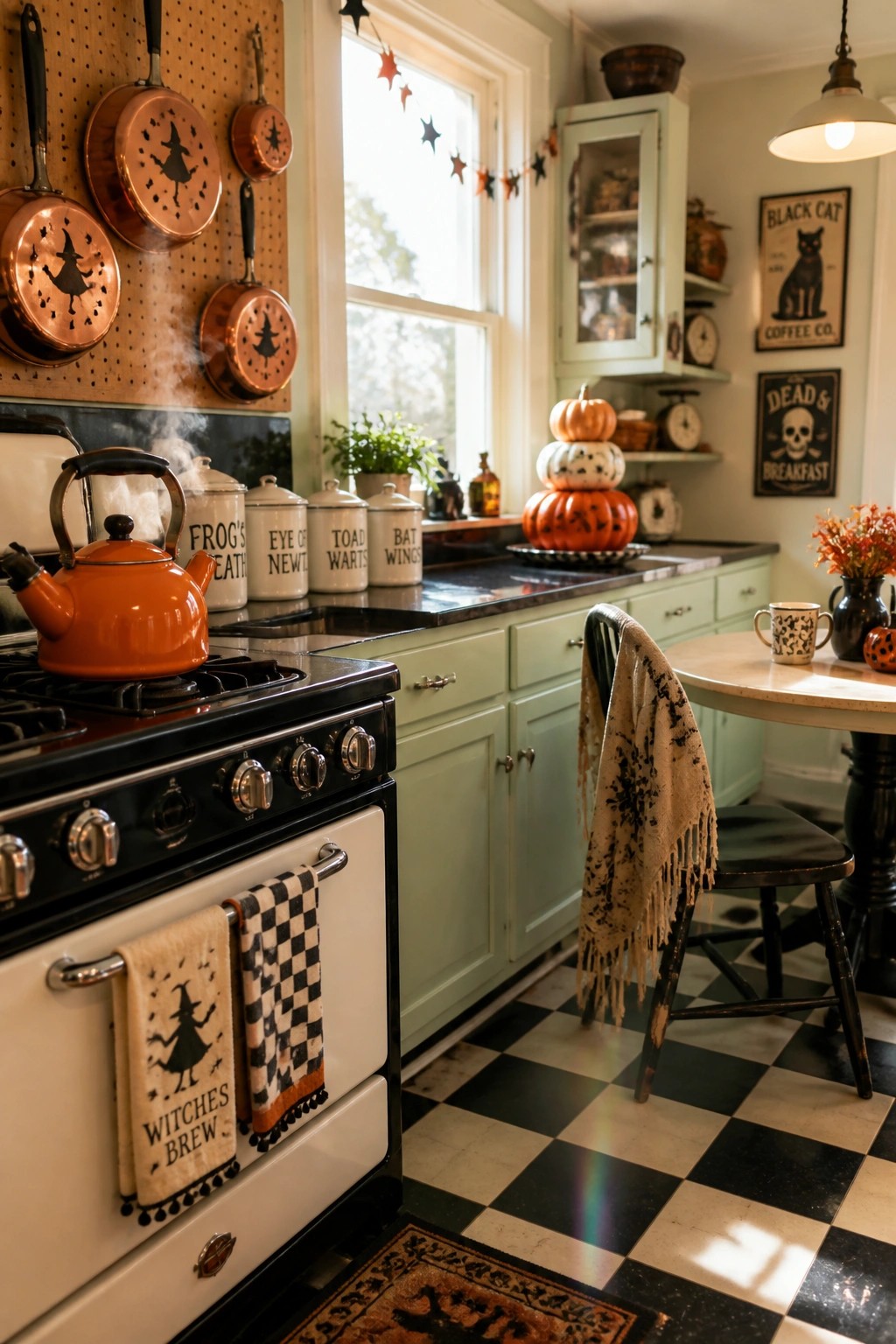 A kitchen interior with mint green cabinets, black and white checkered floor, copper pans with witch silhouettes on a pegboard, and Halloween themed towels draped over a white stove.