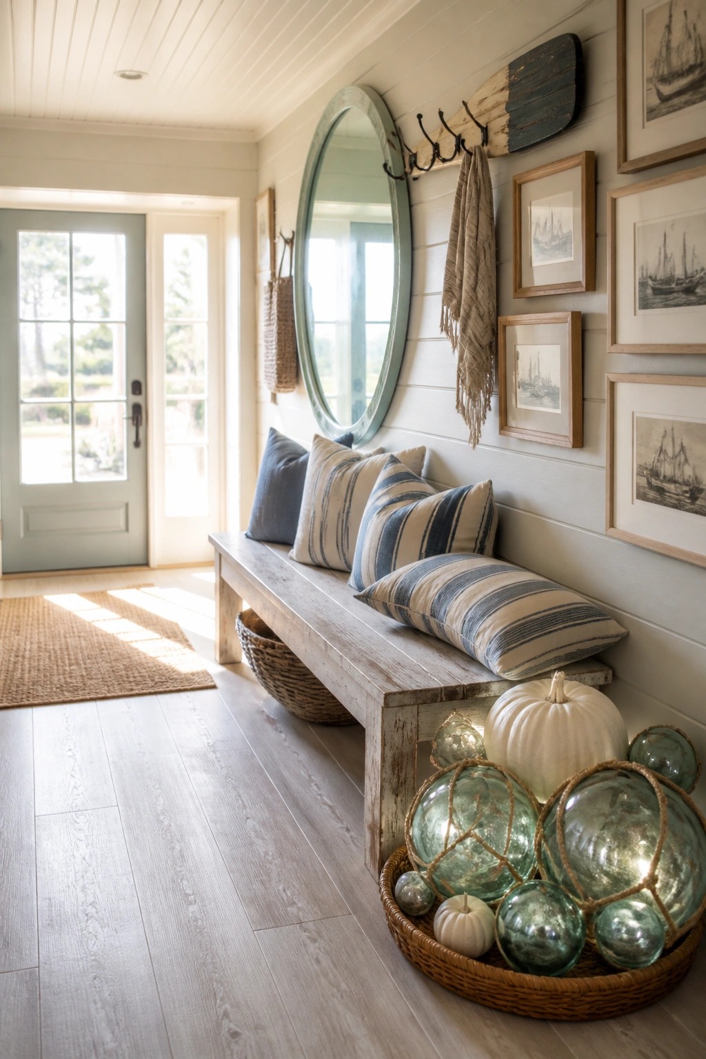 A wooden bench with blue and white striped pillows sits against a white paneled wall beneath a round mirror and black hooks, with a basket of white pumpkins and glass floats on the floor nearby.