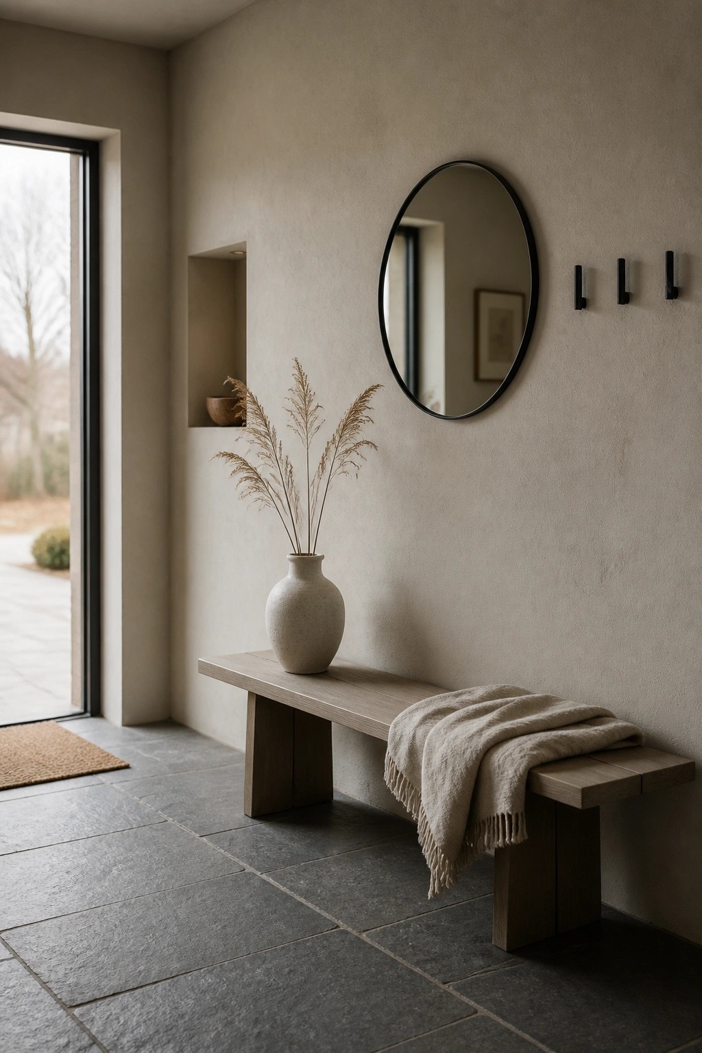 A minimalist interior entryway with a low wooden bench holding a folded beige throw and a ceramic vase of dried grasses, a round black mirror above it, black wall hooks to the side, and a recessed shelf on the left wall.