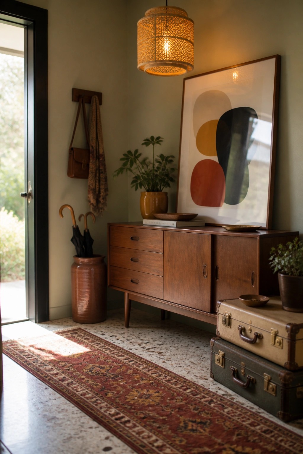 A wooden mid-century console table with drawers and cabinets stands against a wall in an entryway, topped with books and bowls, with a red patterned runner on the terrazzo floor and stacked suitcases to one side.