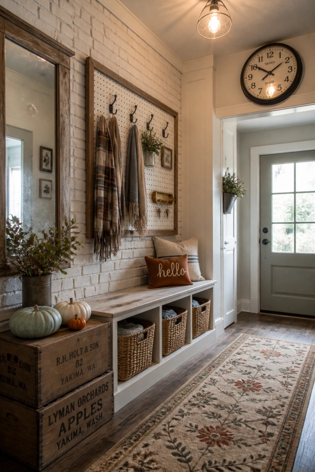An entryway with a wooden pegboard holding scarves on hooks above a bench with woven baskets, pumpkins on stacked wooden crates, a mirror, and a large wall clock.