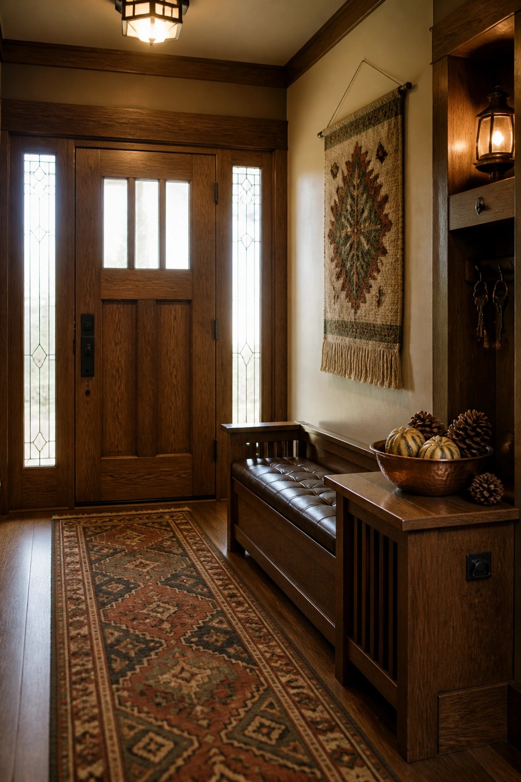 An interior entryway featuring a dark wooden storage bench with a leather cushion positioned beside a front door, with a patterned runner rug on the floor and a copper bowl of small pumpkins on an adjacent wooden surface.