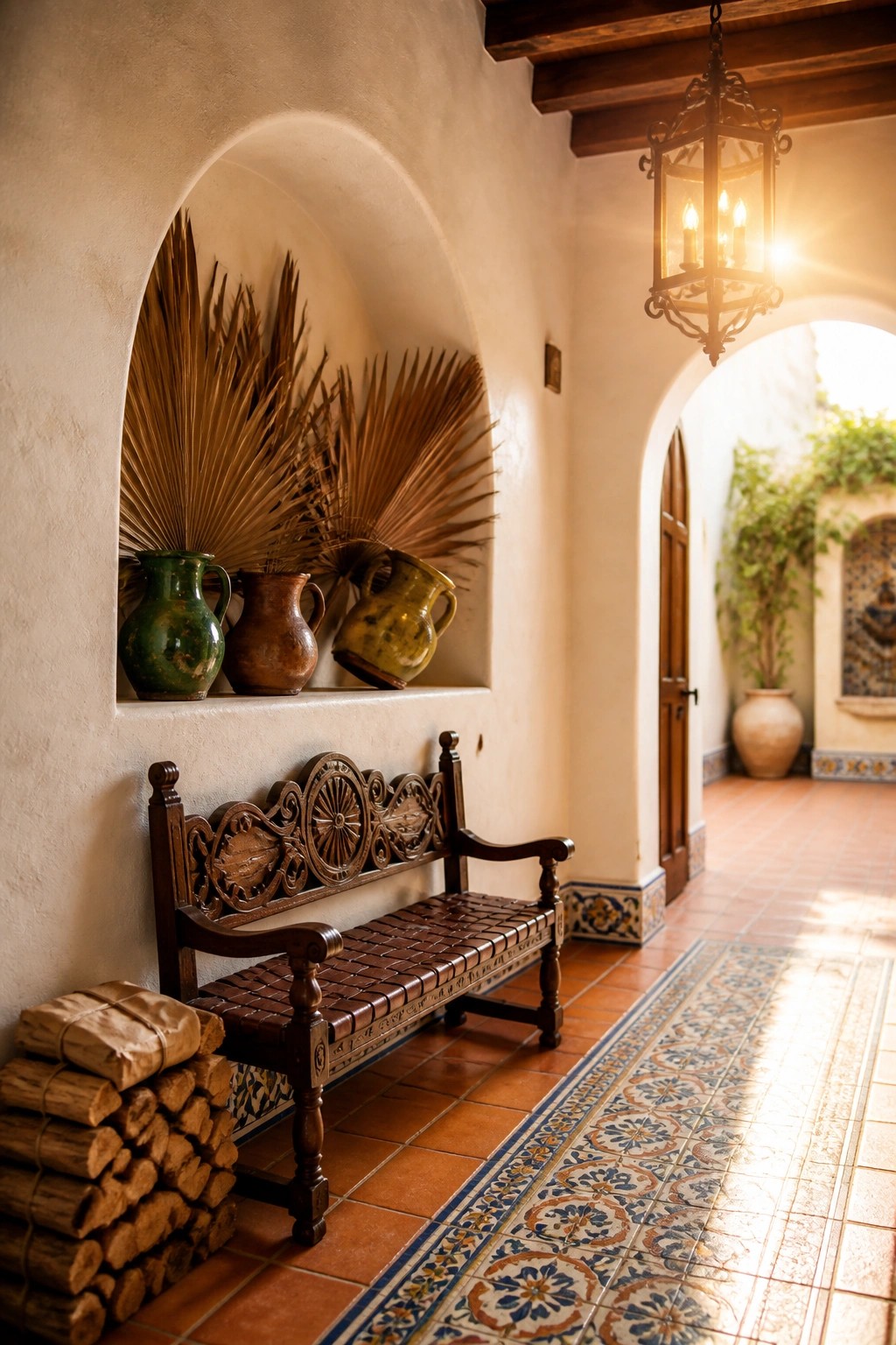 A carved wooden bench sits against a white wall in a tiled entryway, positioned beneath an arched niche with pottery and dried palm fronds, with a hanging lantern visible above.