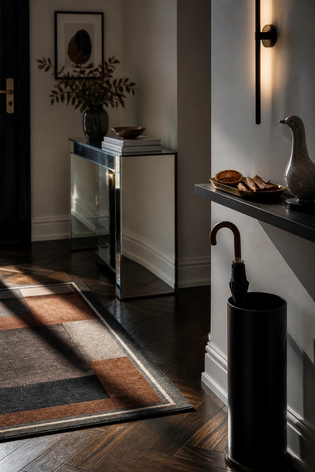 An interior entryway view showing a black cylindrical umbrella stand holding a closed umbrella, positioned next to a dark console shelf with a decorative tray and bird figurine.