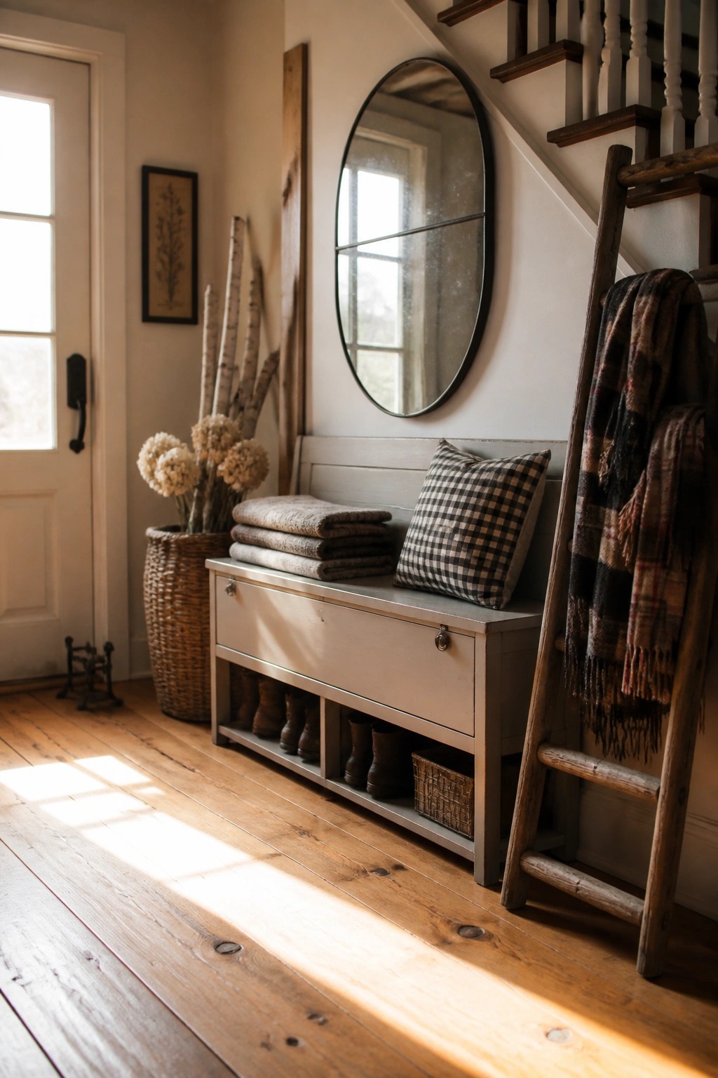 A light gray storage bench with a drawer and open cubbies holding boots sits beneath a round mirror in a home entryway.