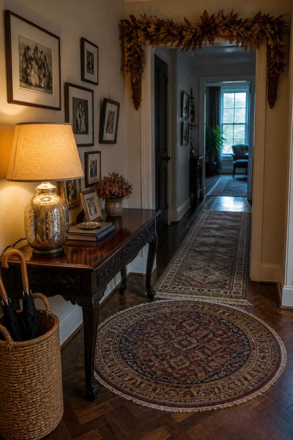A dark wood console table with a lit lamp, books, and a small vase sits against a wall with framed photos, next to a round patterned rug and an open doorway topped with a large autumn leaf wreath.