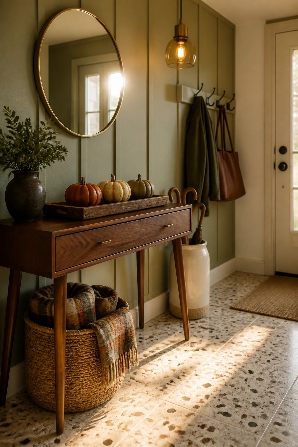 A wooden console table in a green-painted entryway holds a tray of small pumpkins, with a woven basket of folded blankets stored beneath it and a round mirror above.