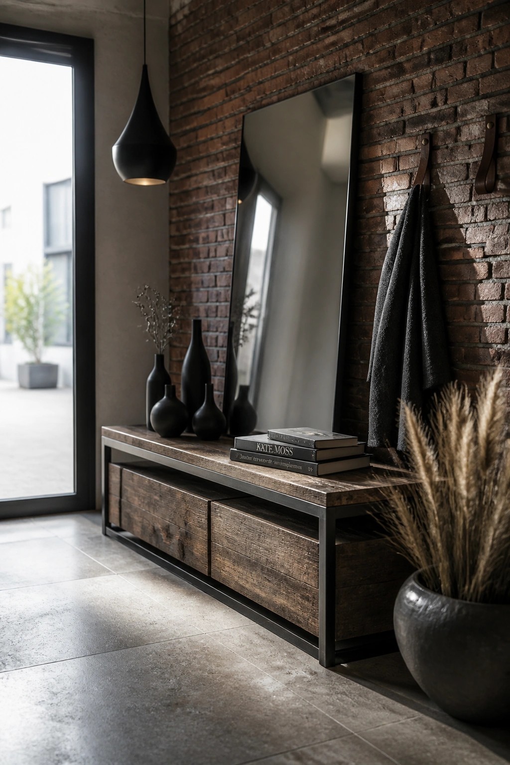 A narrow wooden console table with metal frame and drawers sits against a brick wall beneath a tall mirror, holding black vases and stacked books with a pendant light above.