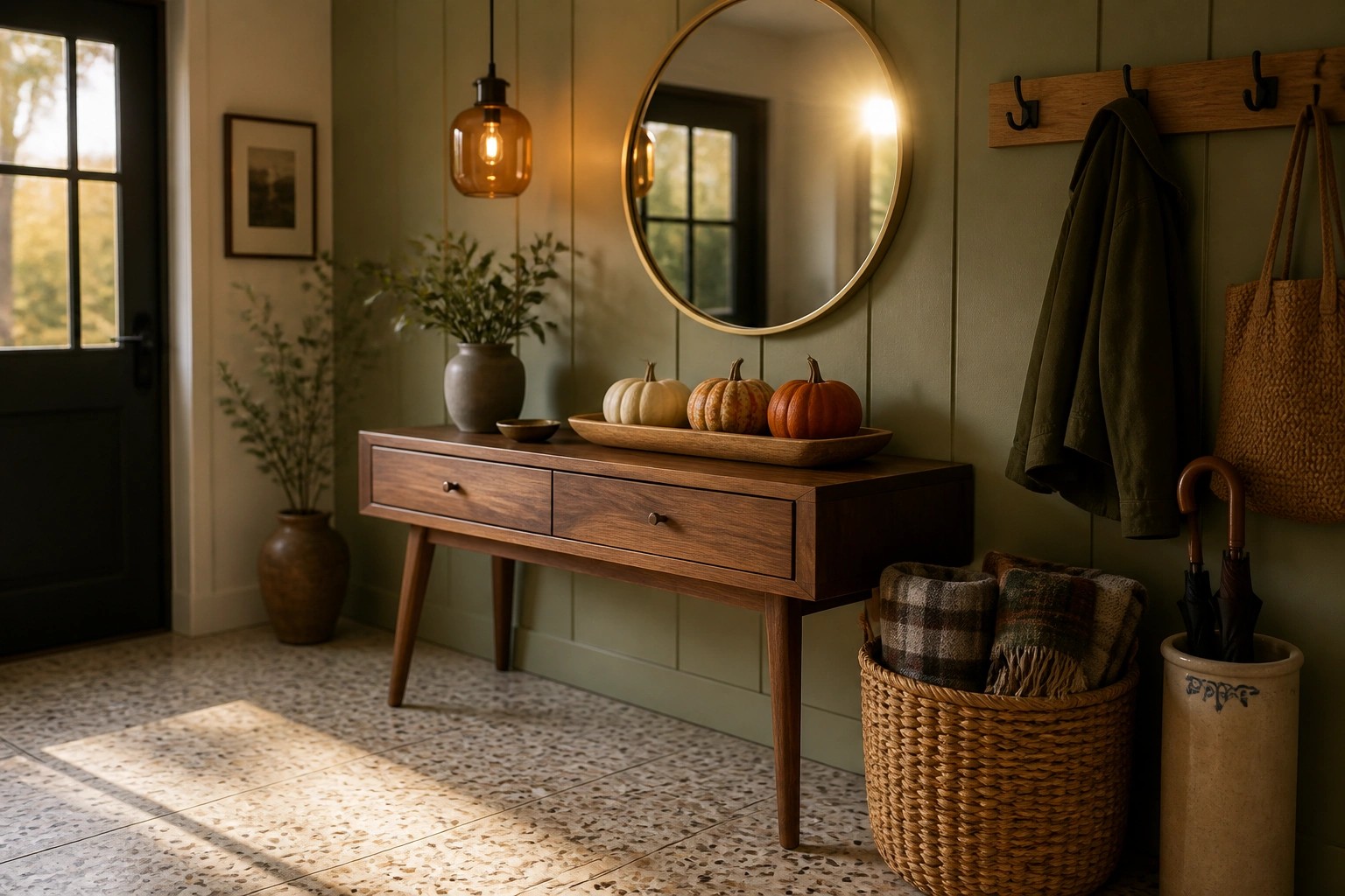 A wooden console table in a green-painted entryway holds a tray of small pumpkins, with a woven basket of folded blankets stored beneath it and a round mirror above.