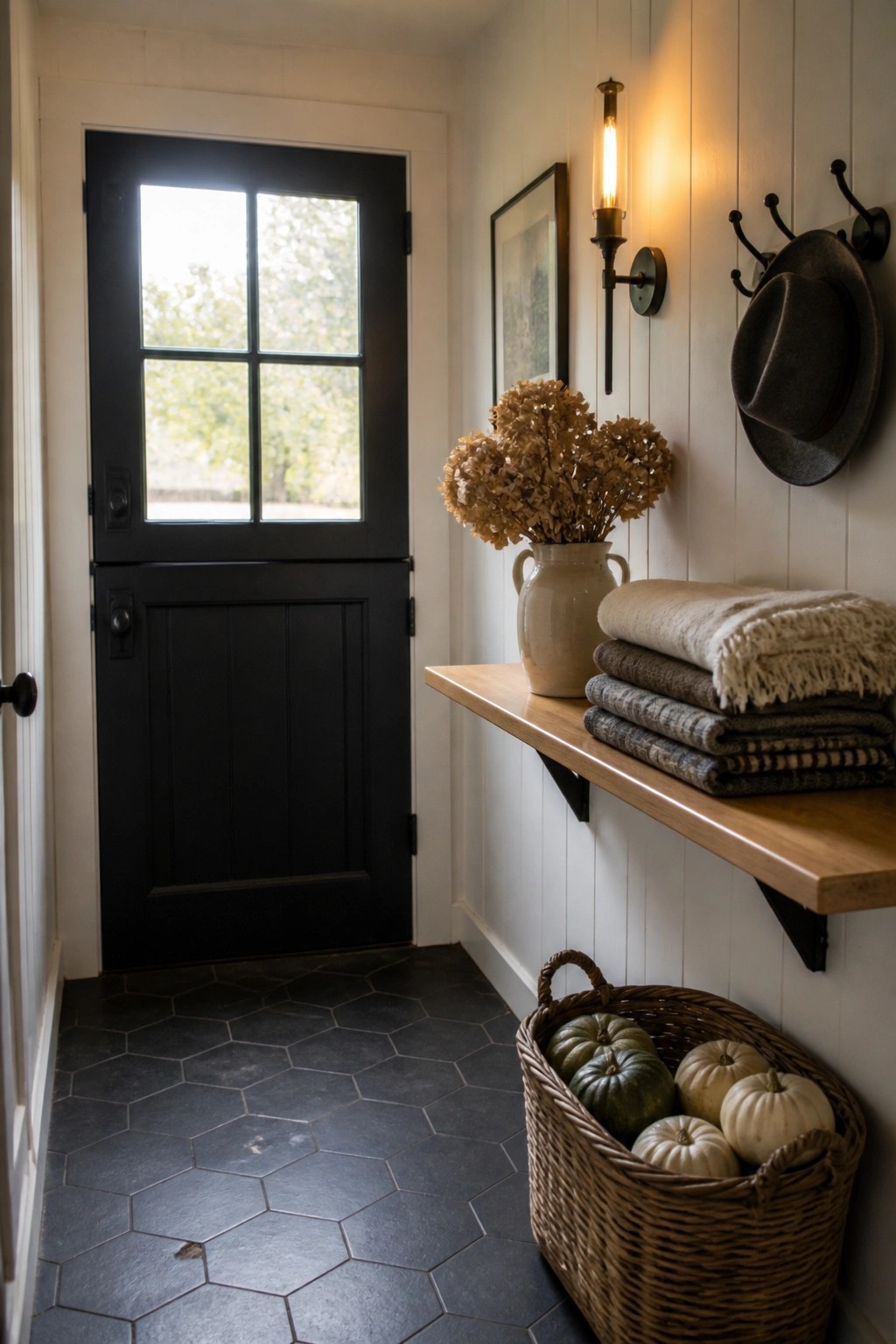 Interior view of a black entry door beside a wooden floating shelf with stacked blankets and a vase, plus a wicker basket of pumpkins on a dark tiled floor.