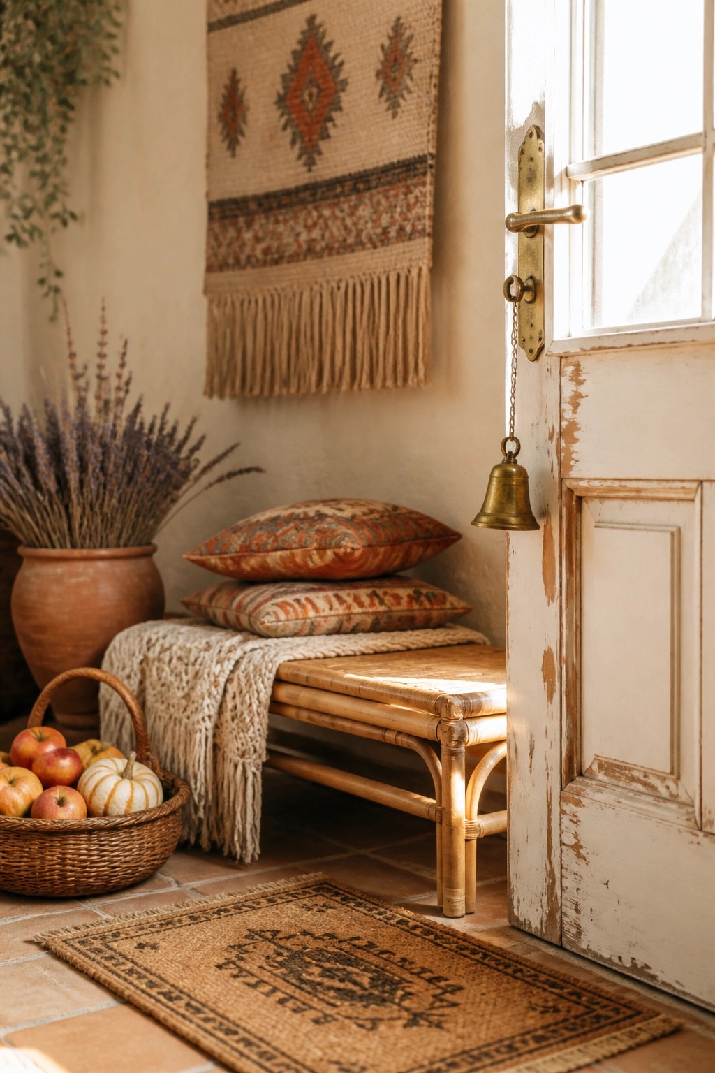 An interior entryway with a bamboo bench holding two patterned pillows and a knit throw, a basket of apples and a pumpkin on the floor, a small woven rug, and a hanging tapestry next to a white door with a brass bell.