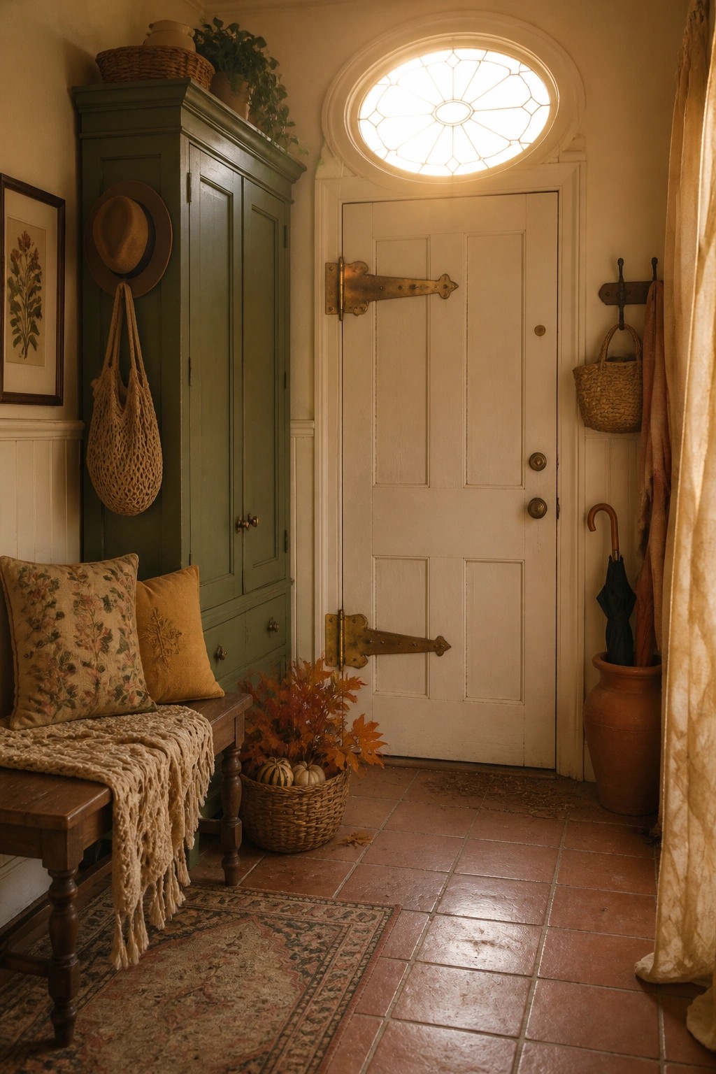 An interior entryway view showing a wooden bench with pillows and a throw beside a green cabinet, a white paneled door, and a basket of small pumpkins on a tiled floor.