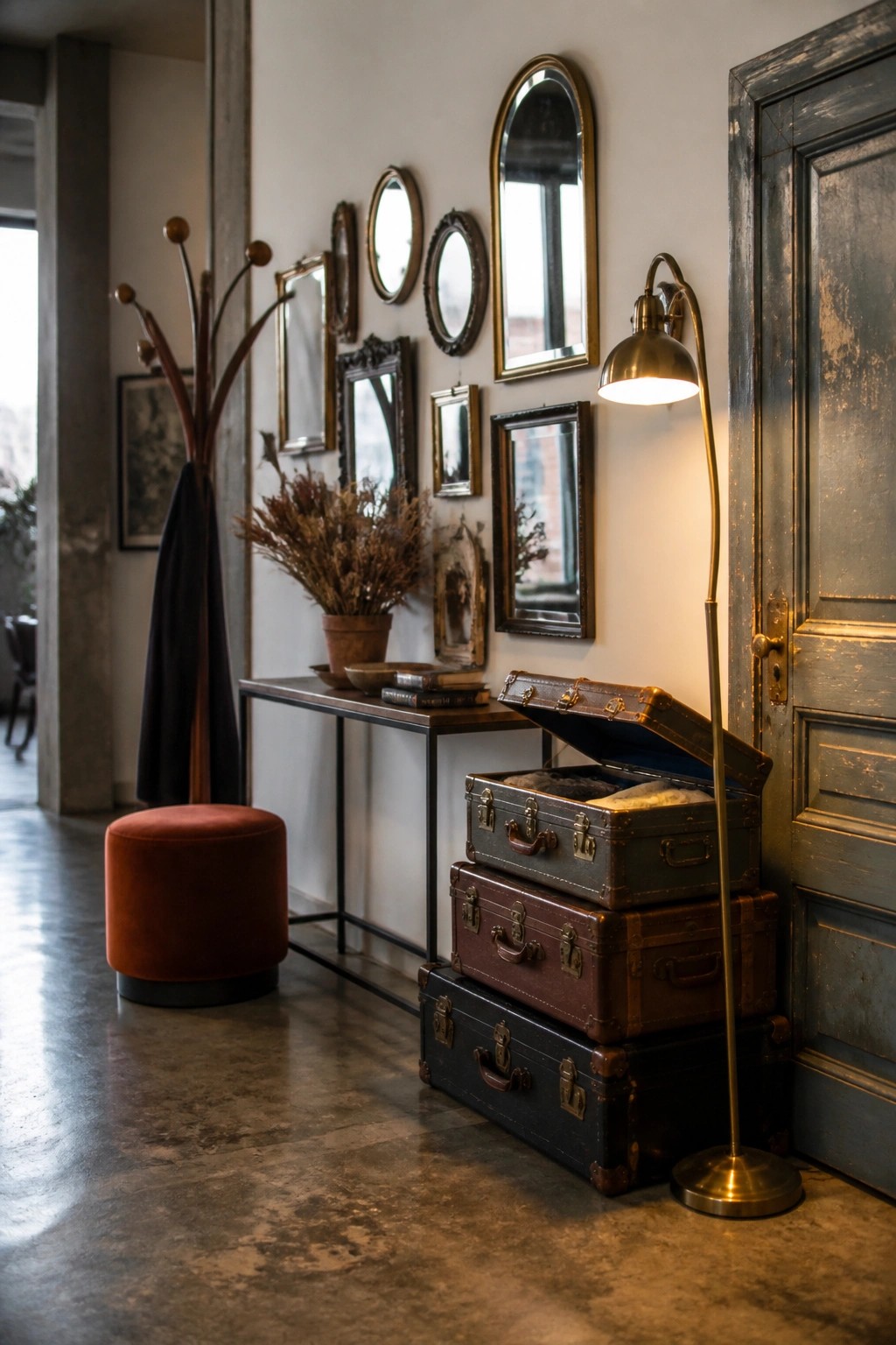 An indoor entryway with a narrow console table, three stacked vintage trunks, a brass floor lamp, and a collection of mirrors on the wall.