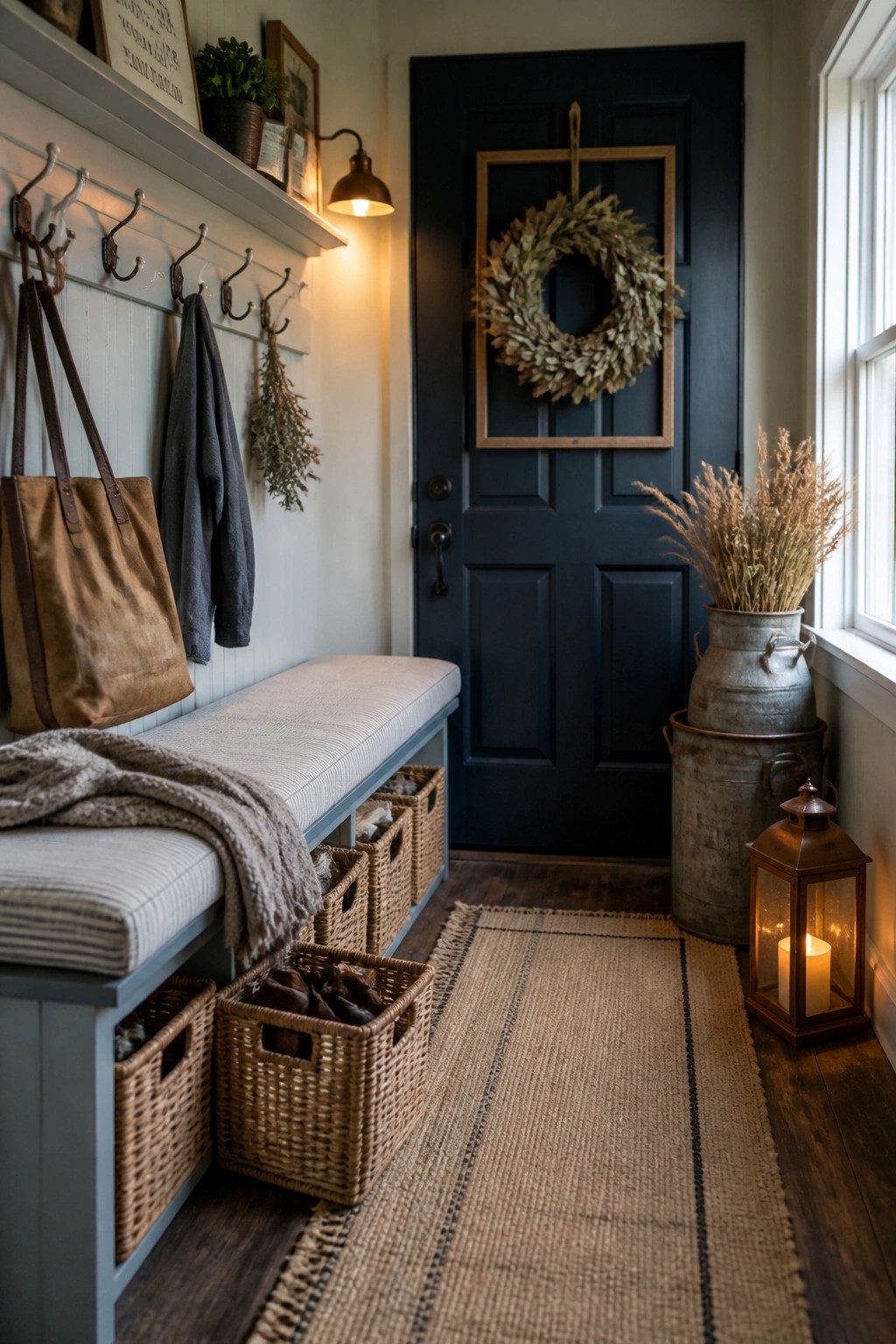 An entryway with a blue storage bench holding woven baskets underneath, a navy door with a wreath, and a lantern on the floor.